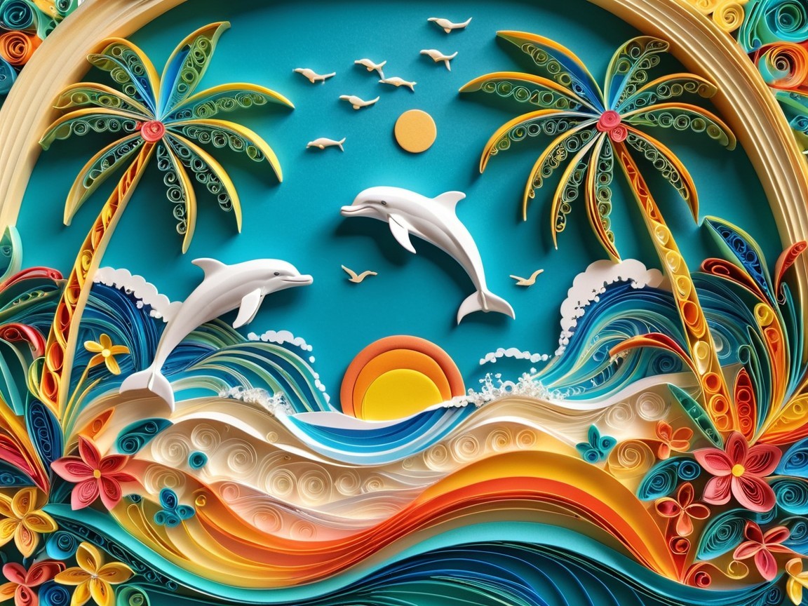 Vibrant Paper Quilling Artwork of Dolphins and Paradise