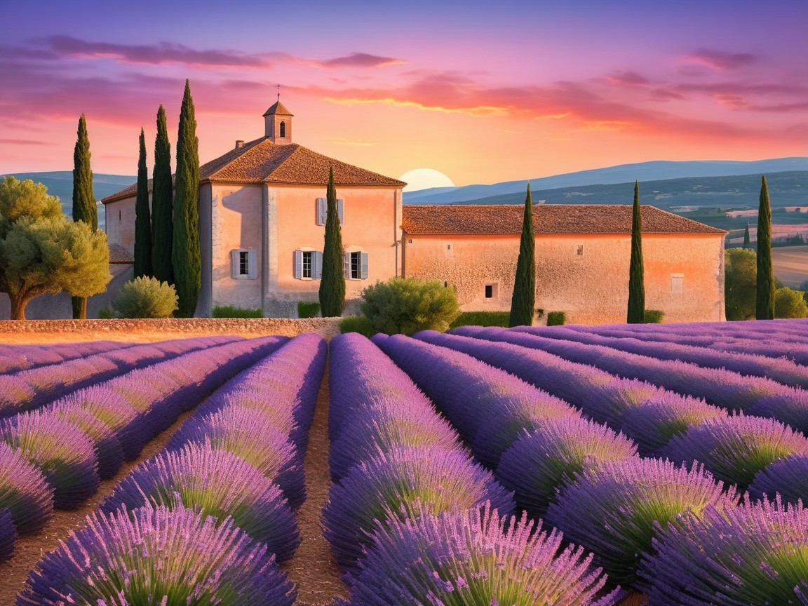 Sunset over Lavender Fields and Rustic Farmhouse