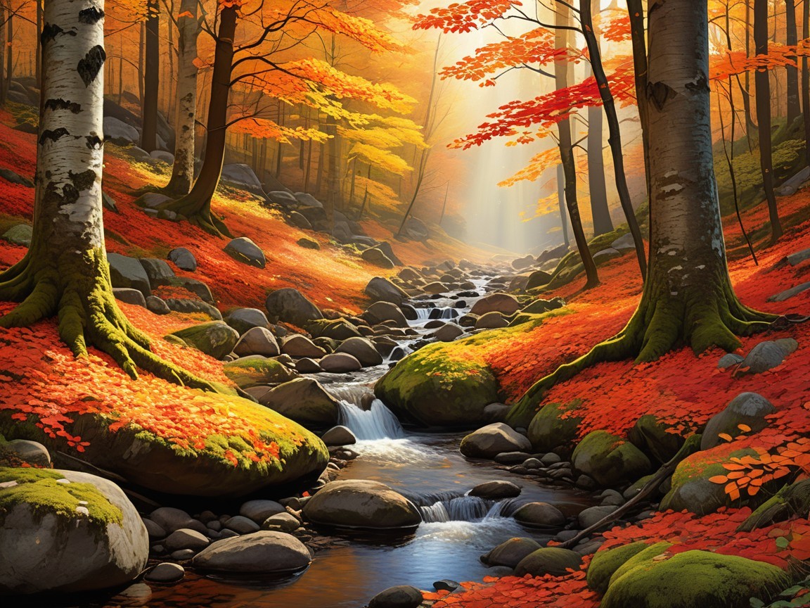 Autumn Forest Scene with Vibrant Foliage and Stream