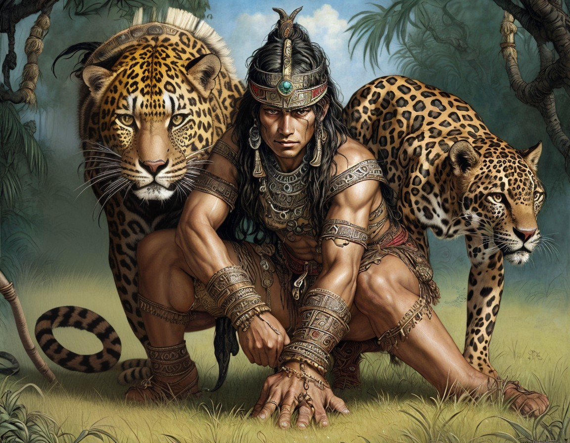 Muscular Warrior with Big Cats in Lush Jungle Setting