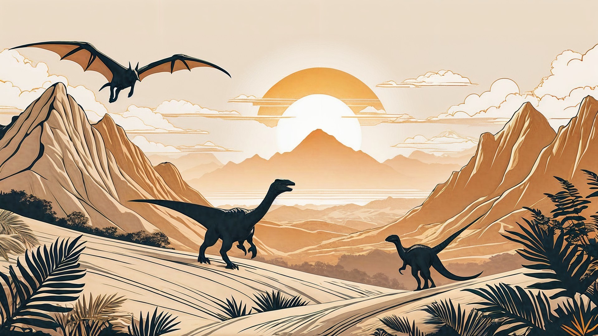 Prehistoric Landscape with Dinosaurs and Sunset