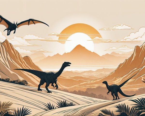Prehistoric Landscape with Dinosaurs and Sunset