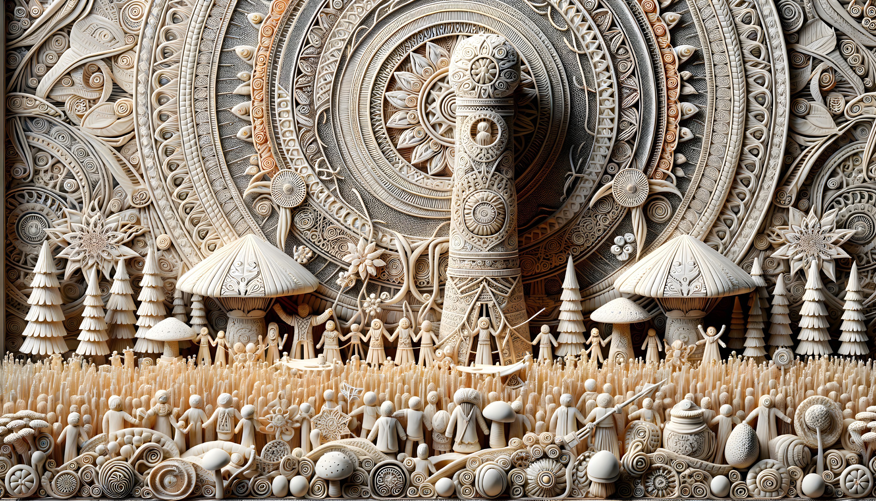 Intricate Carved Scene with Village and Decorative Elements