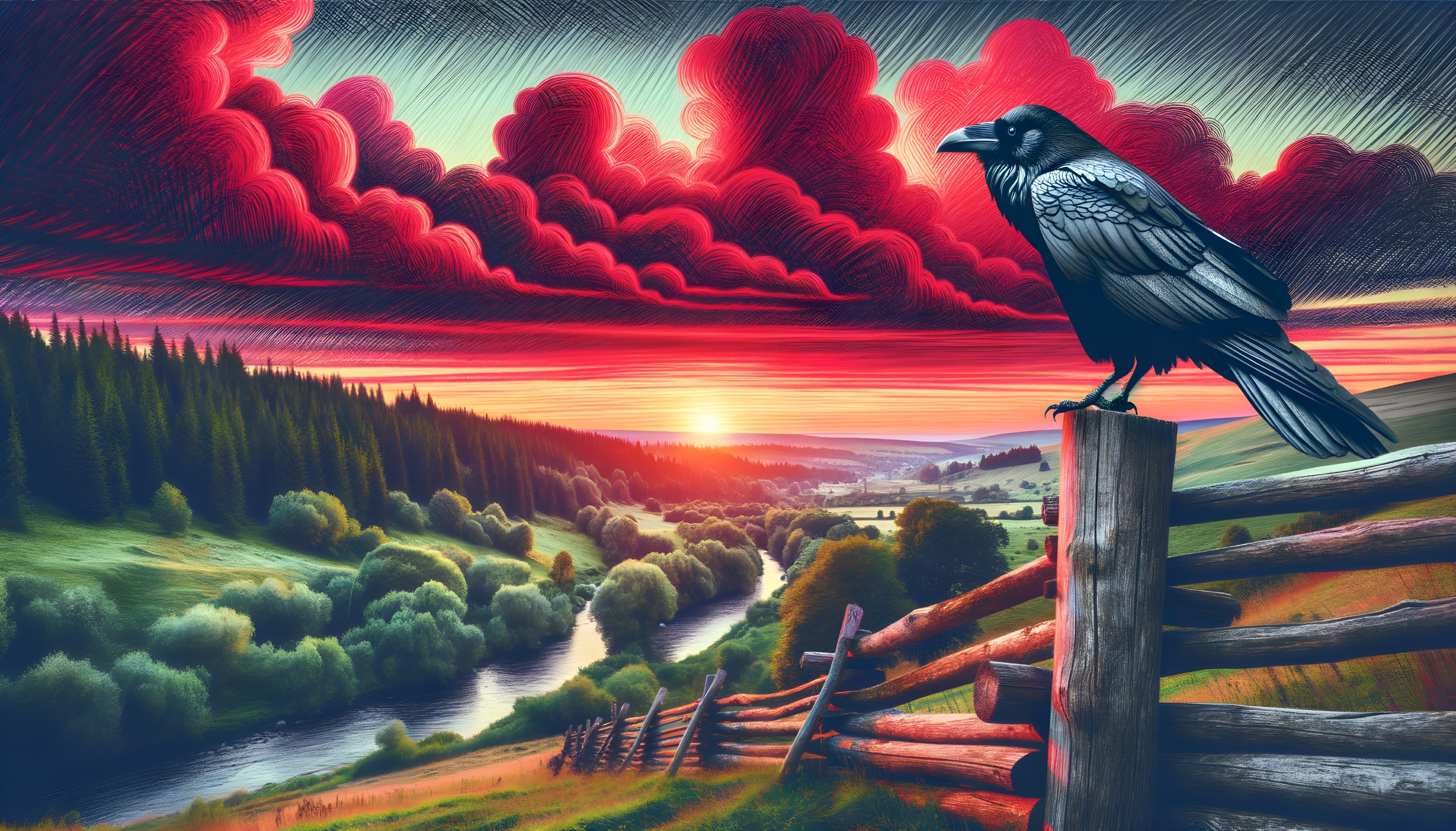 Raven on Fence Post Overlooking Serene Landscape