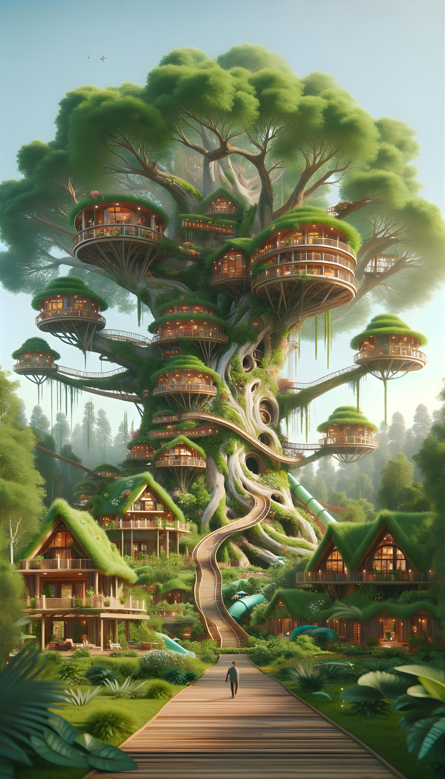 Fantastical Village with Towering Tree and Treehouses