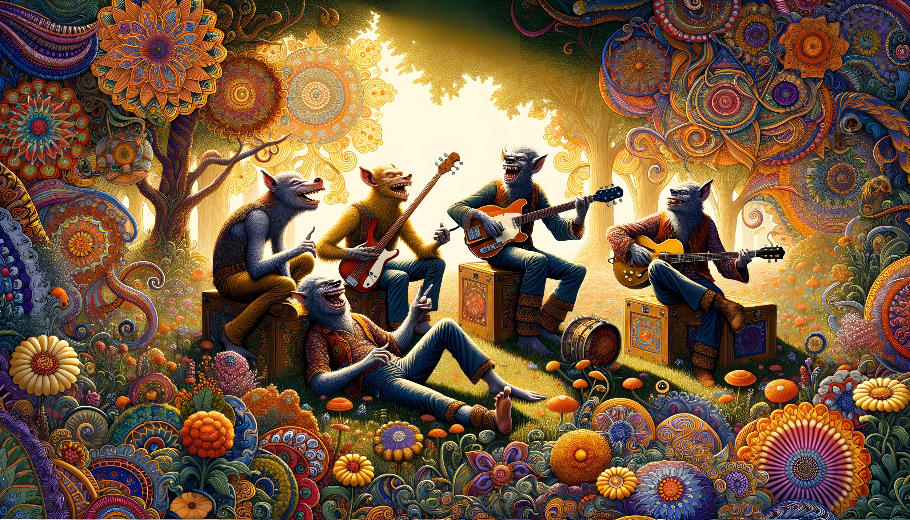Whimsical Creatures Playing Music in Psychedelic Forest