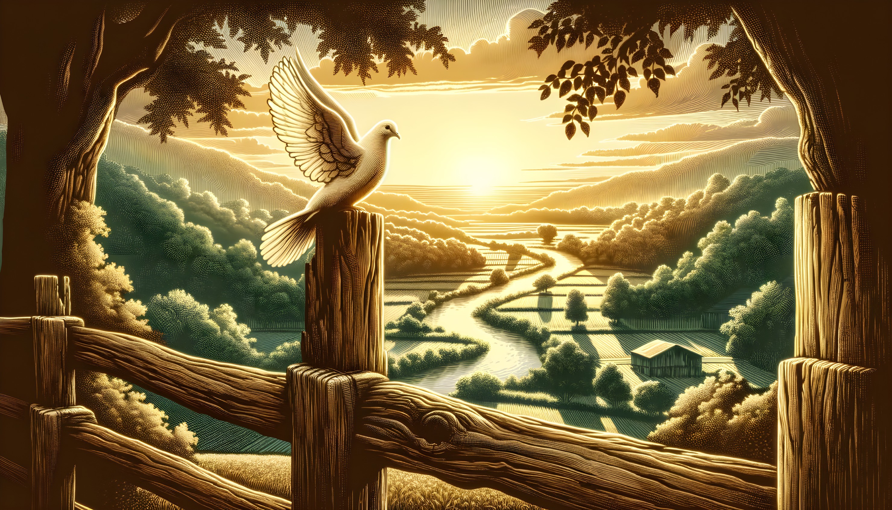 Tranquil Dusk: Dove Over River & Cabin