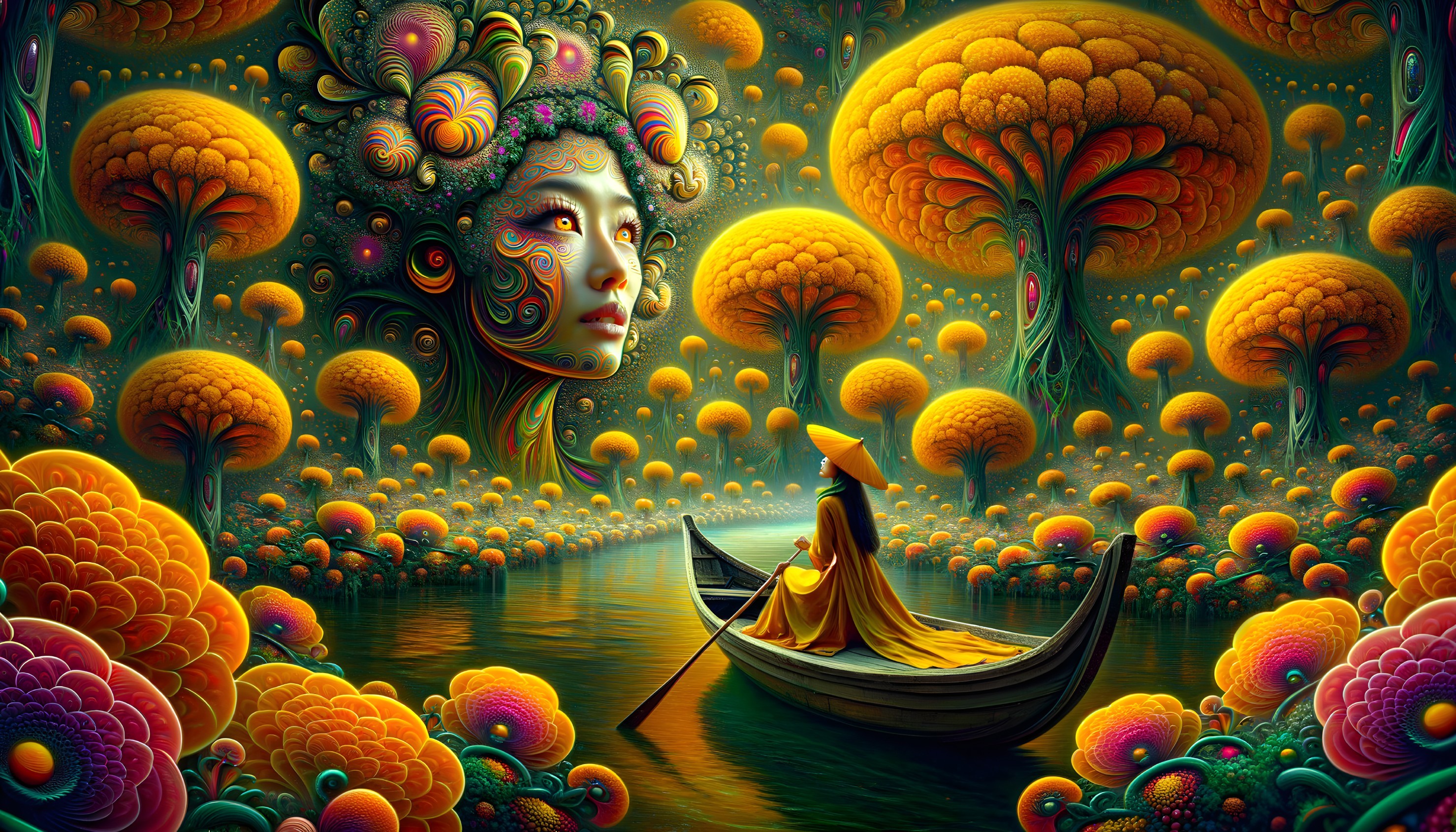 Surreal digital art: Giant woman's face in landscape