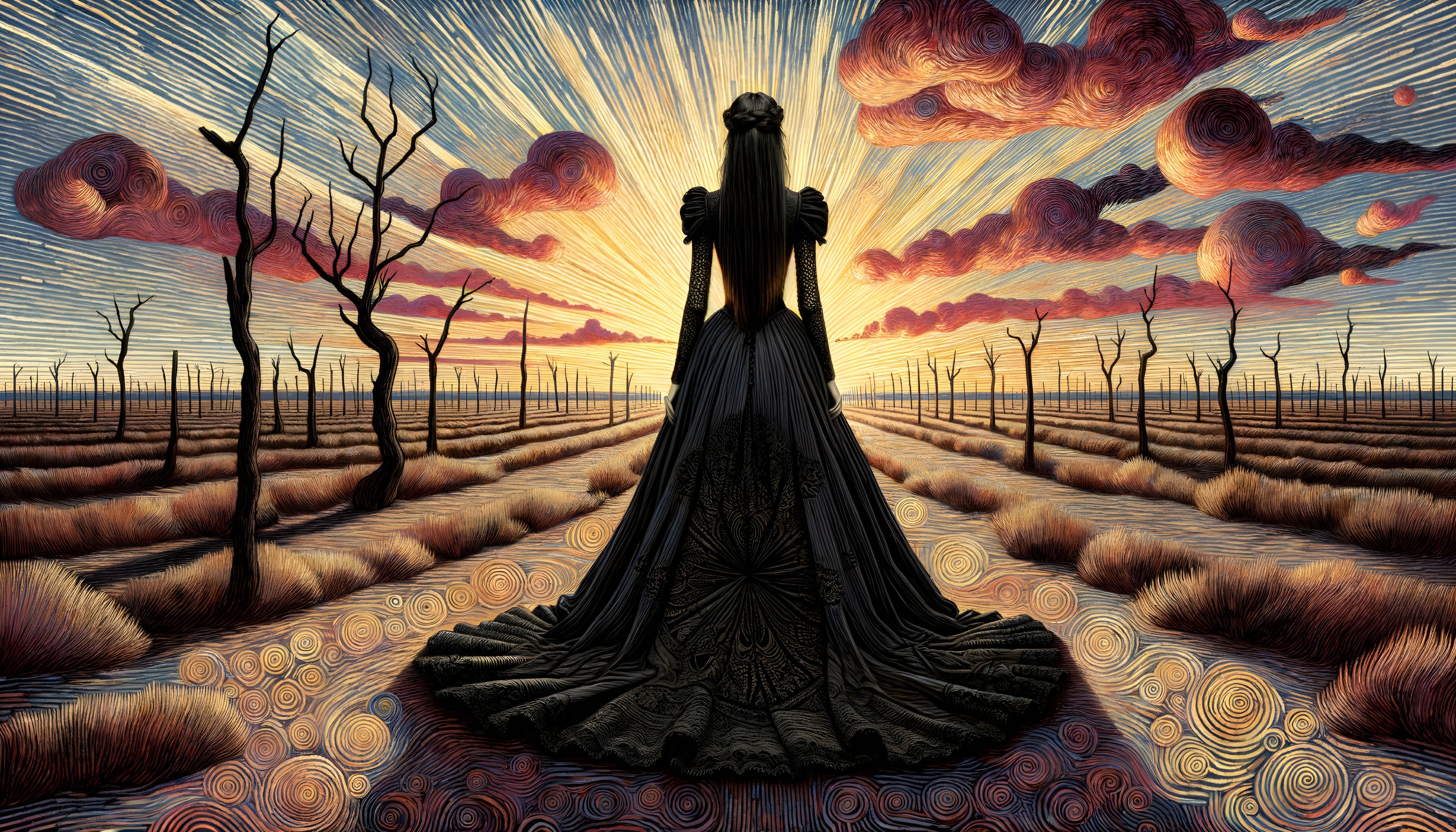 Silhouetted Figure in Black Gown at Vibrant Sunset