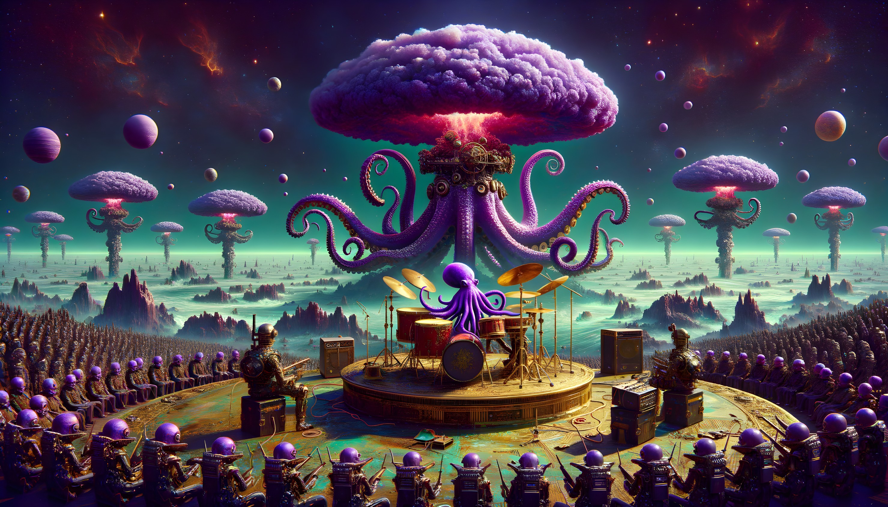 Colorful Octopus Drummer in Surreal Alien Landscape