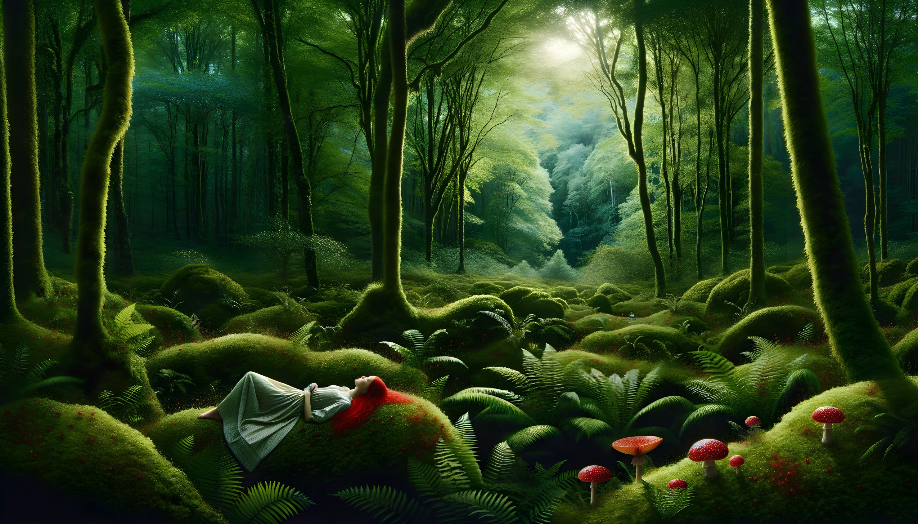 Serene Forest Scene with Woman in White Dress