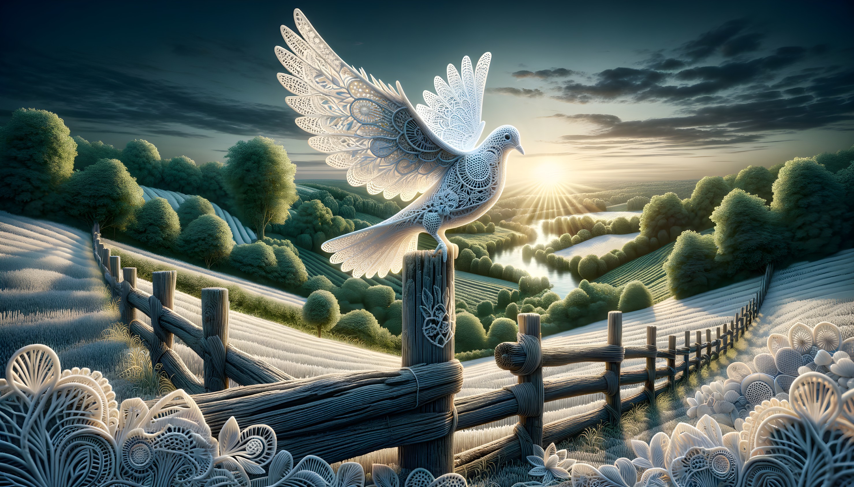 Intricate White Bird on Wooden Post at Sunrise