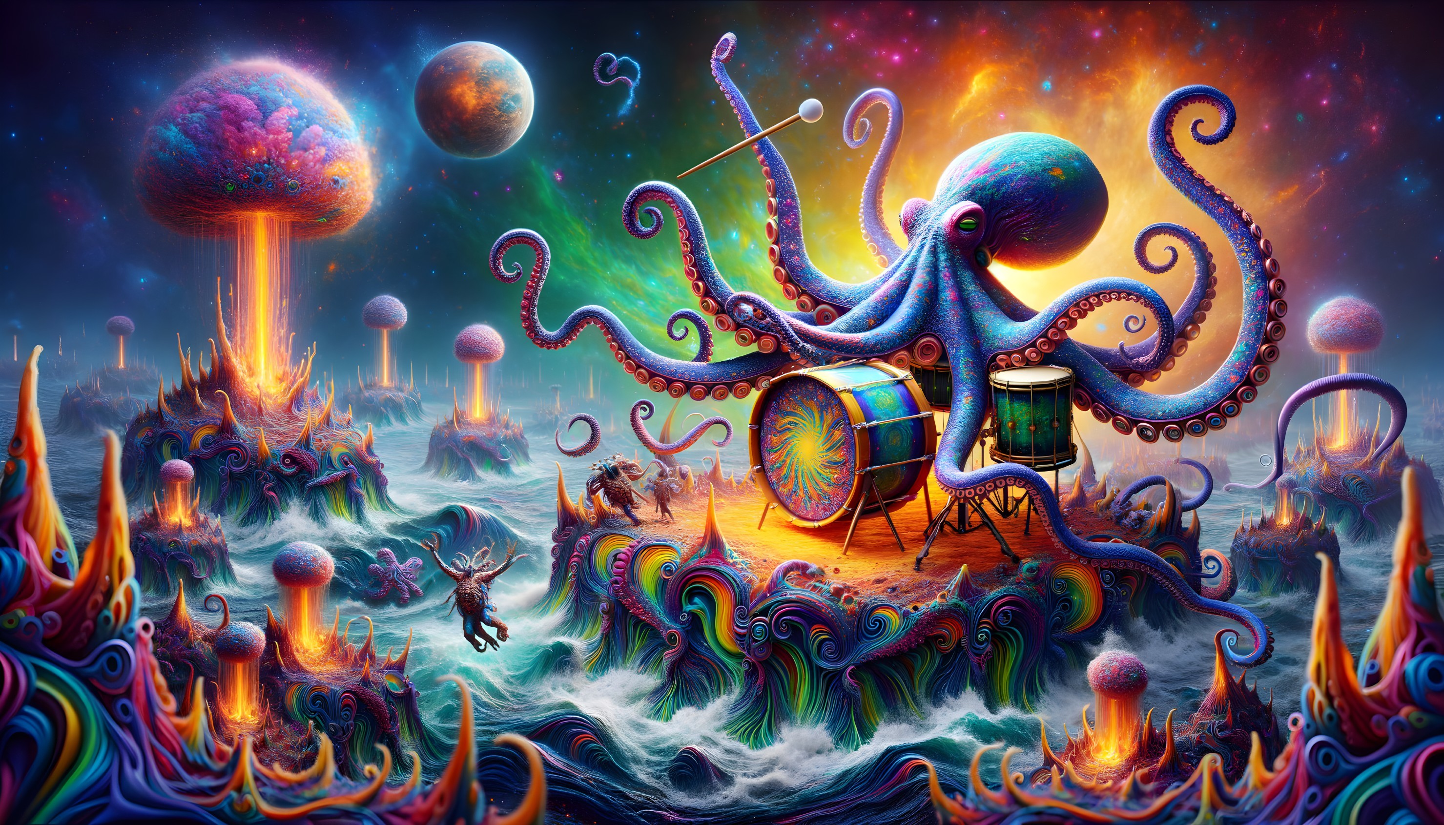 Colorful Psychedelic Artwork: Octopus Drumming, Mushroom Landscapes, Ocean Waves