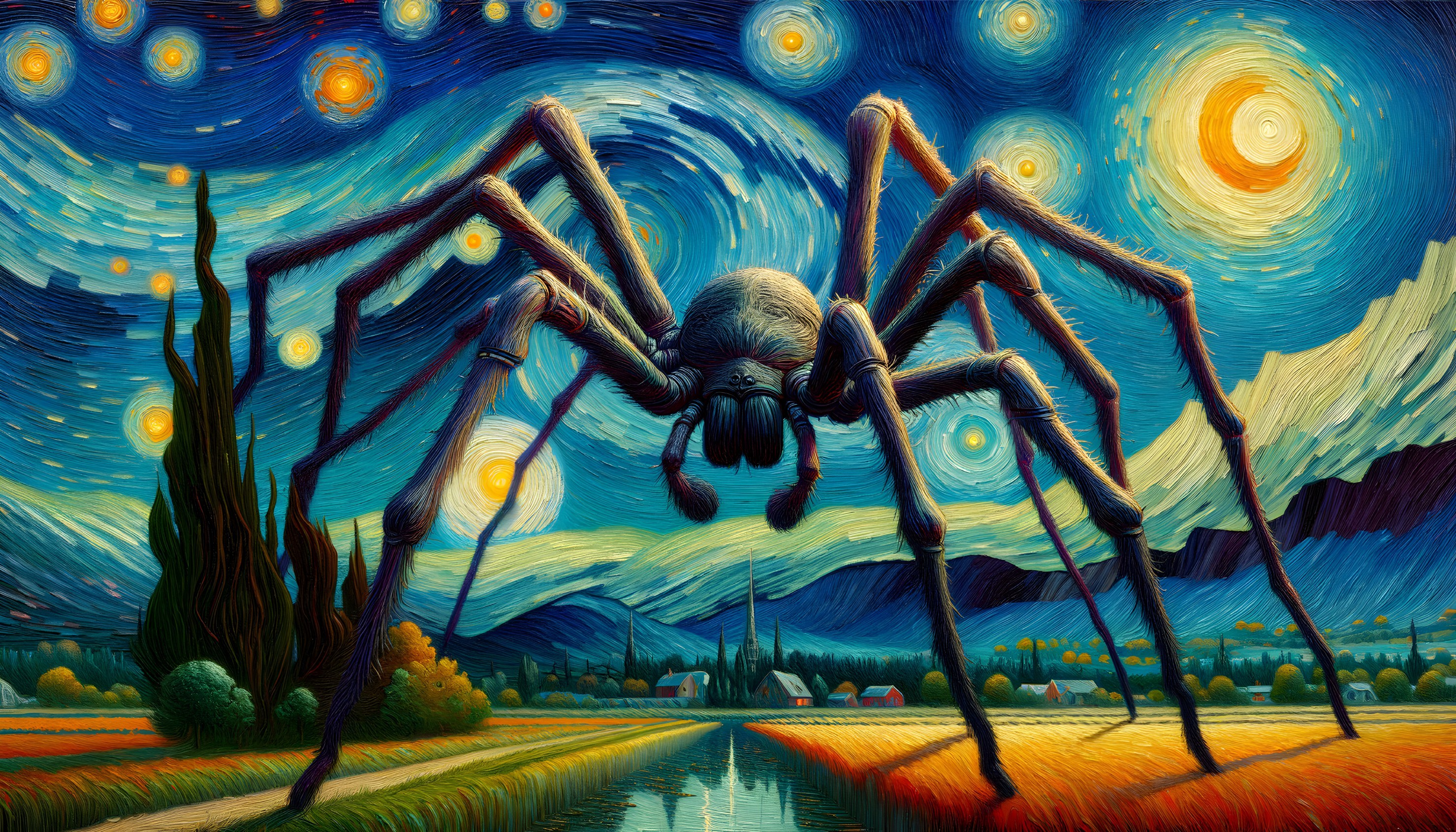Surreal artwork: Starry Night with giant spider over village