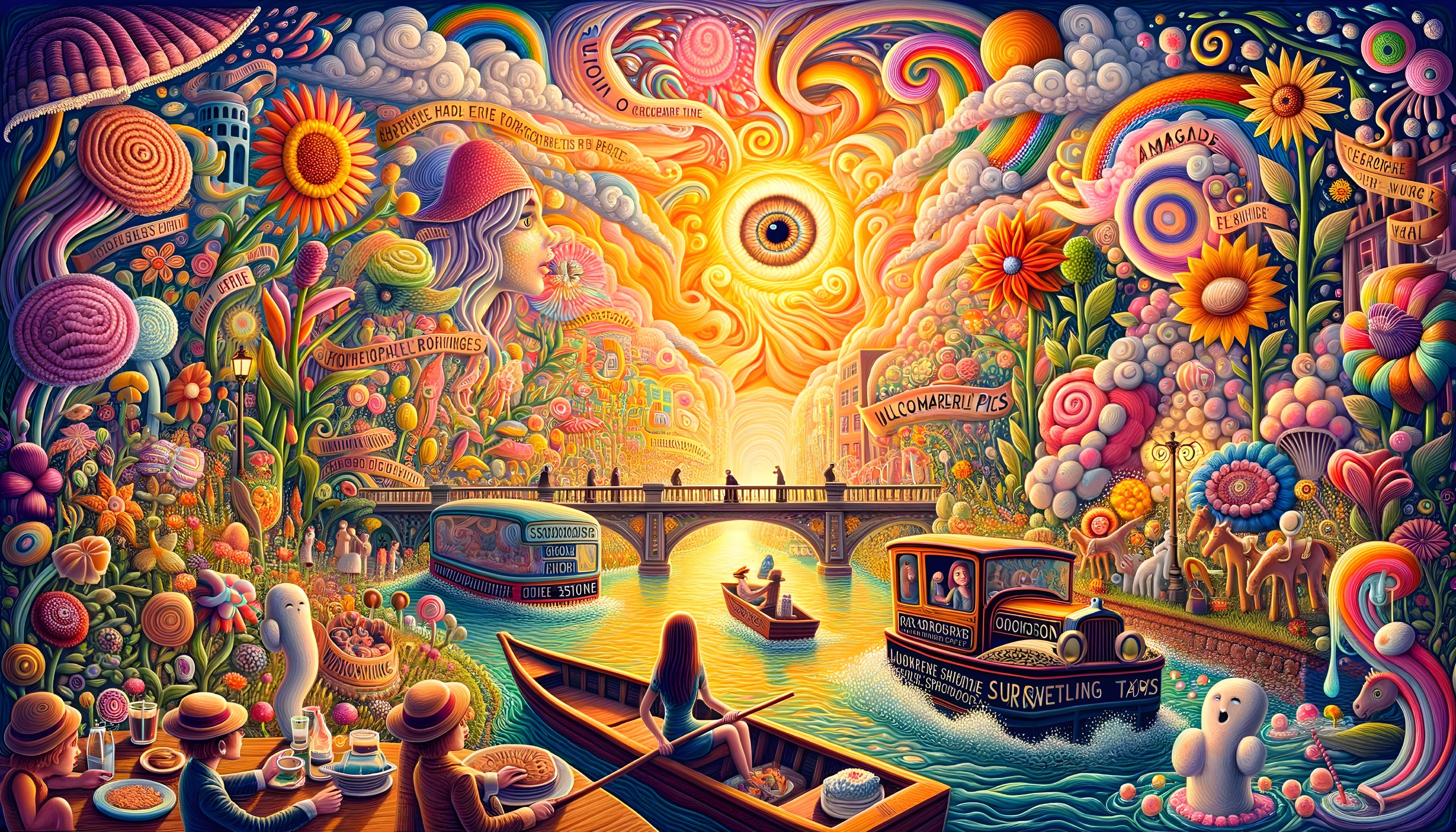 Psychedelic Artwork of Canal with Boats and Whimsical Characters