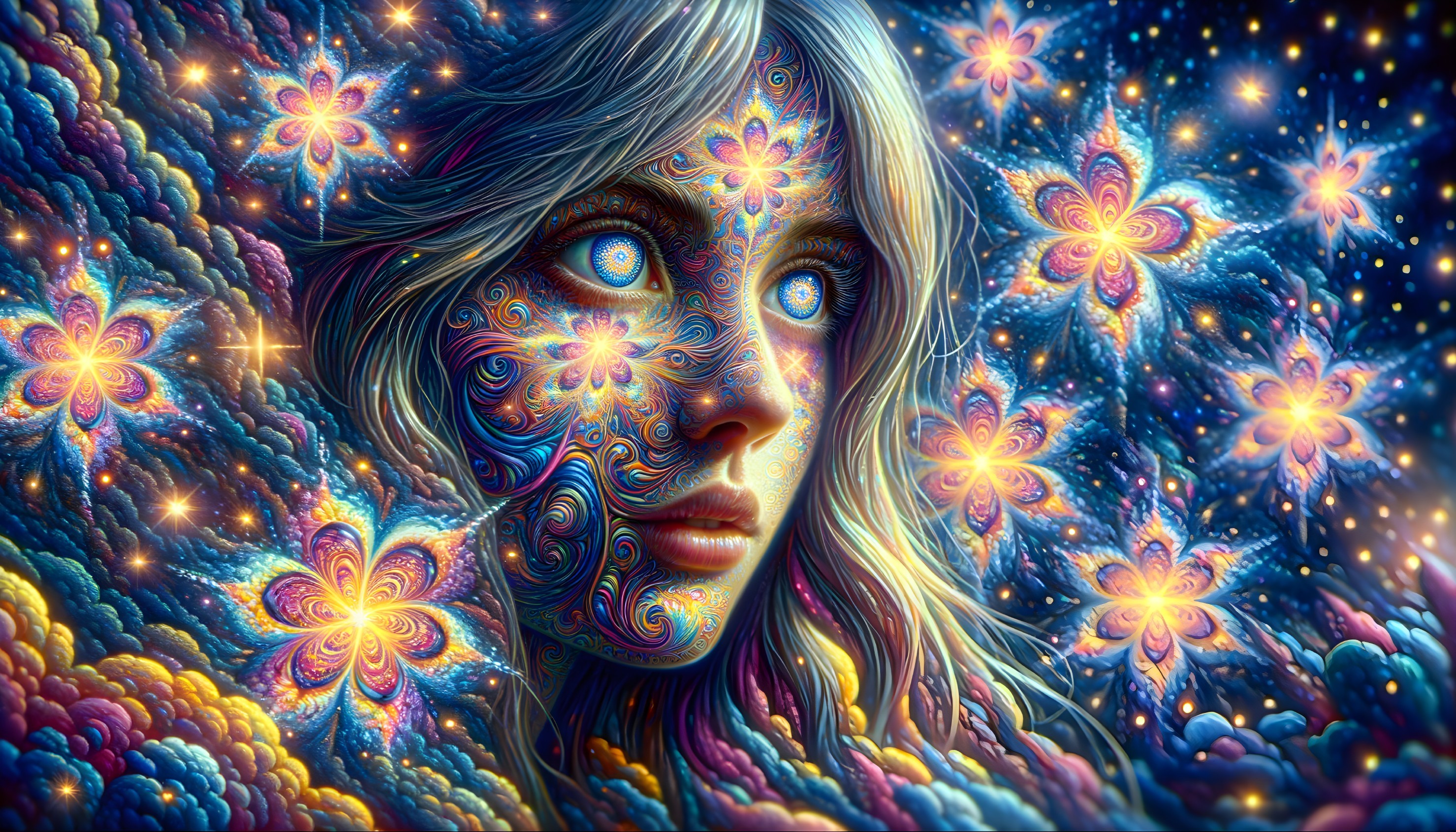 Colorful digital artwork: Woman's face, blue eyes, intricate patterns, stars, nebulae