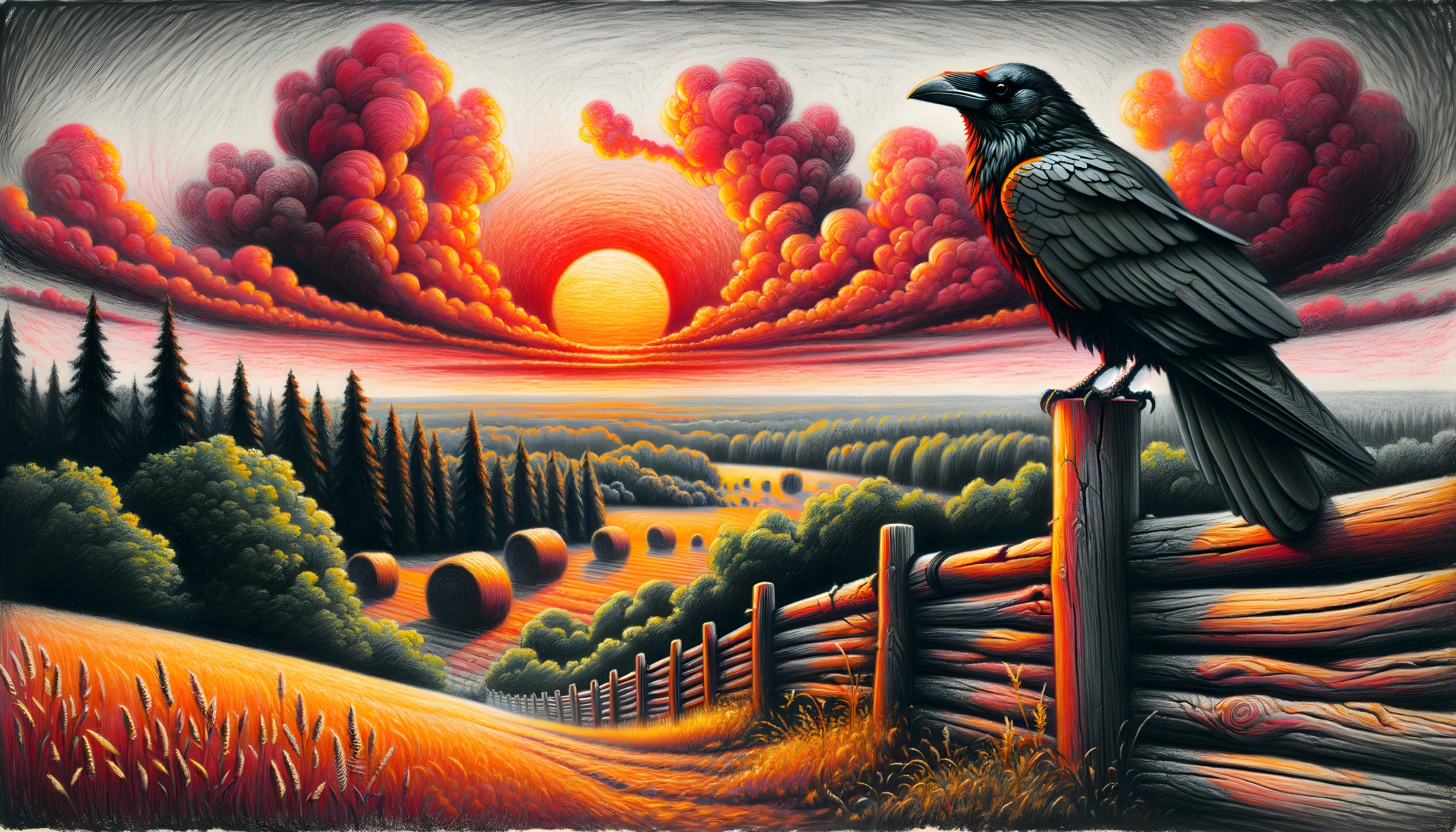 Dramatic Sunset Over Rolling Hills and Crow Silhouette