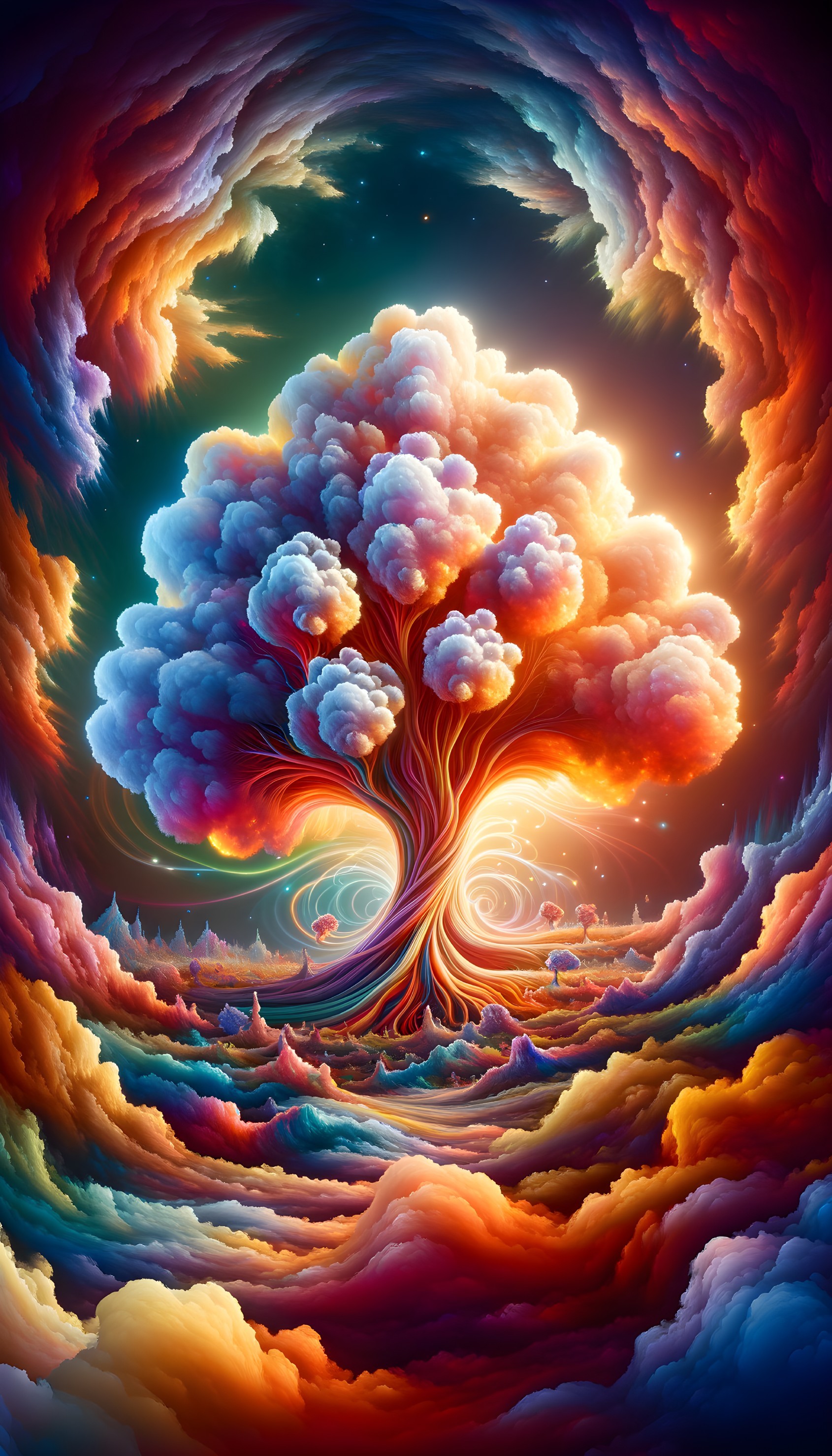 Surreal Landscape with Colorful Tree and Skies