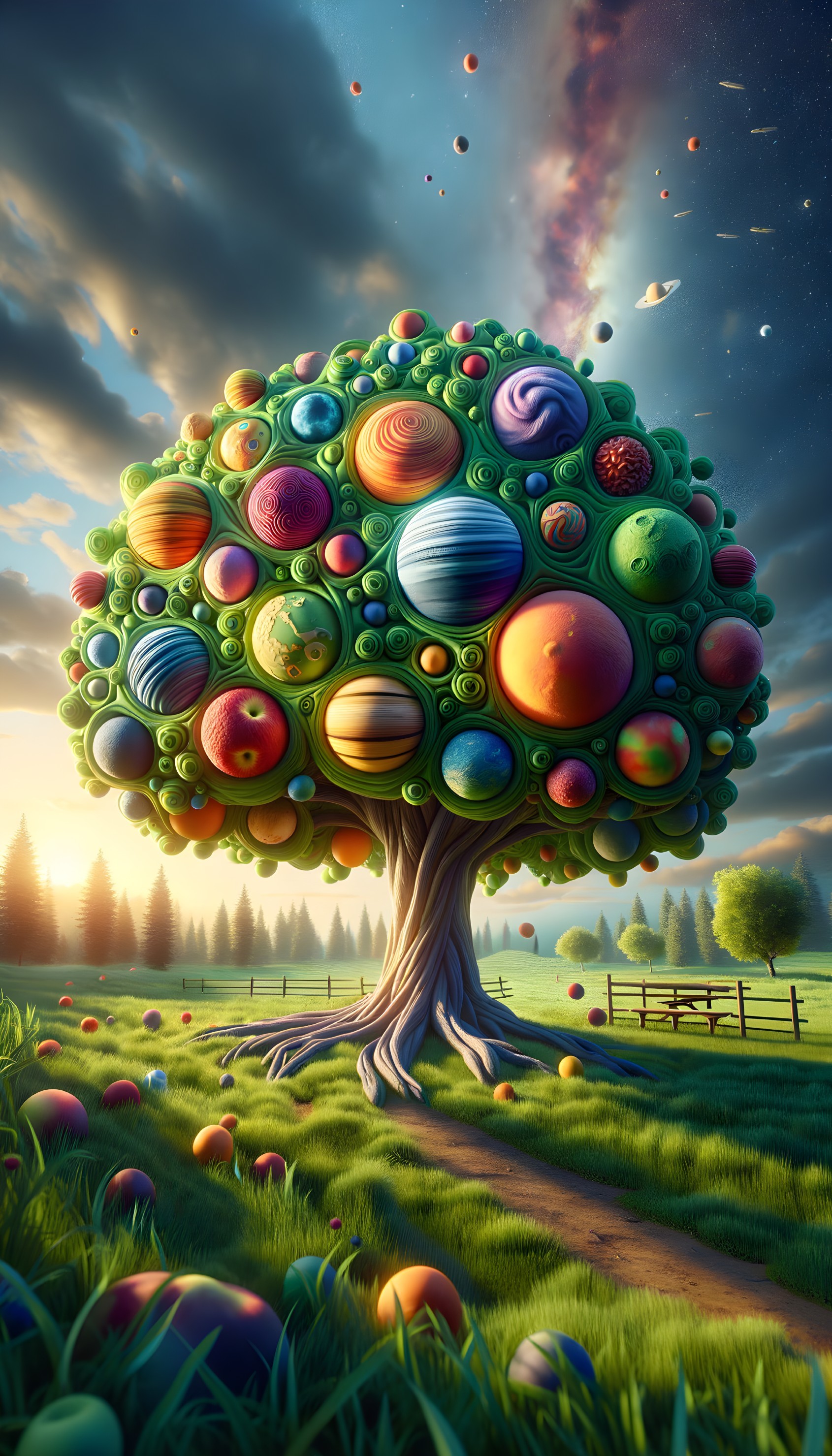 Colorful Orbs on a Fantastical Tree in a Meadow