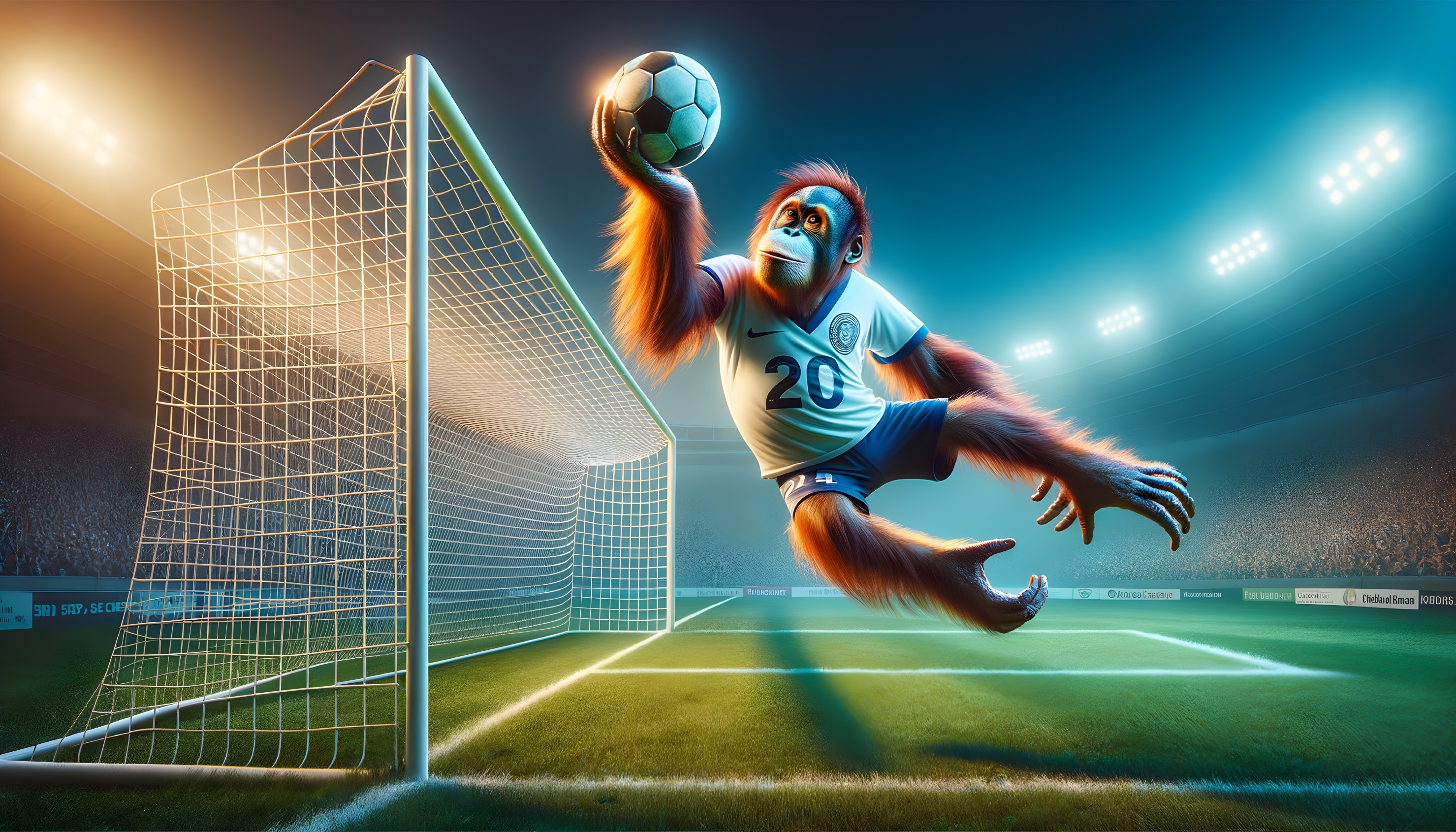Animated Orangutan in Sports Jersey Saves Soccer Ball
