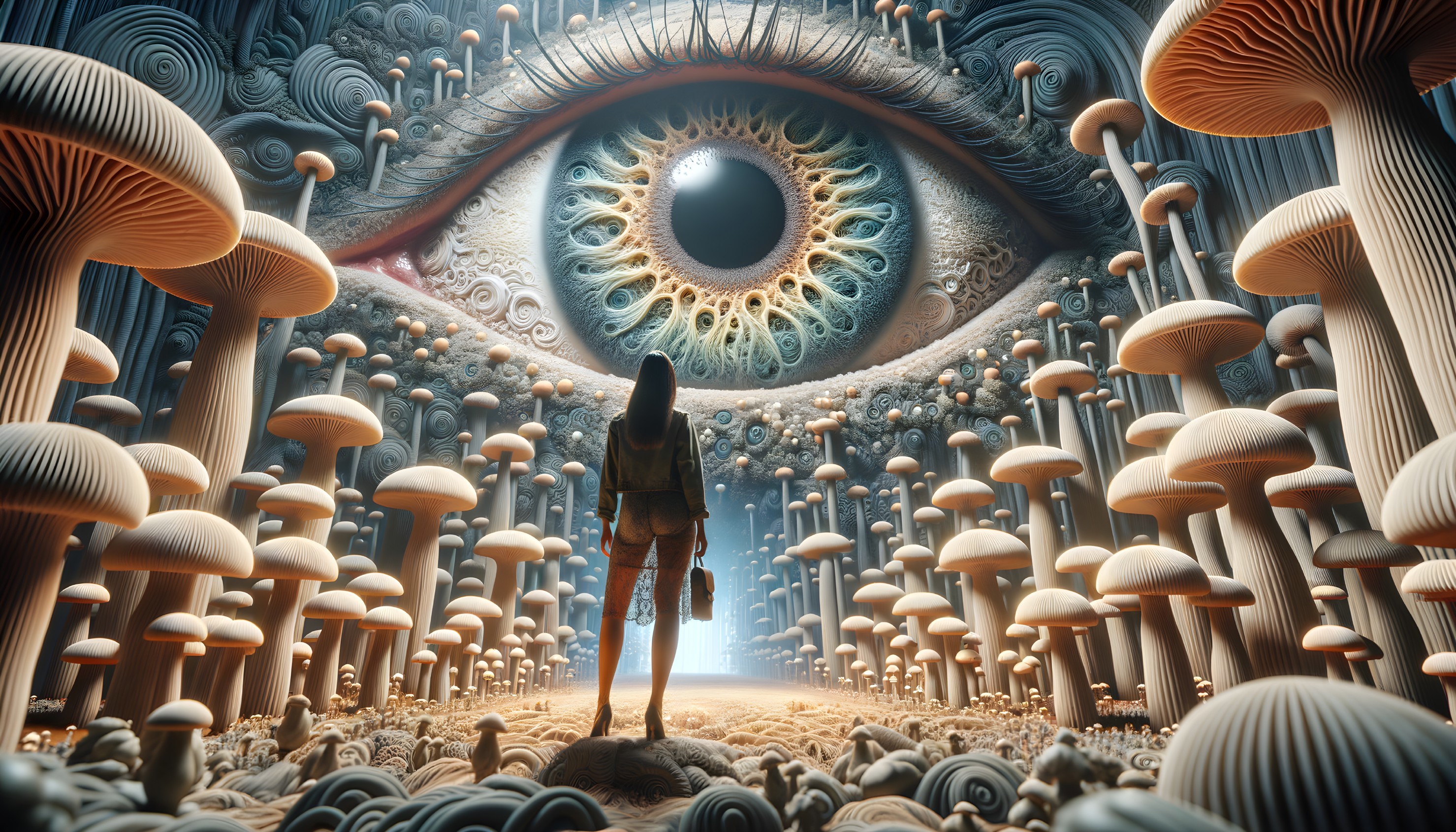 Surreal landscape with a giant eye and whimsical mushrooms