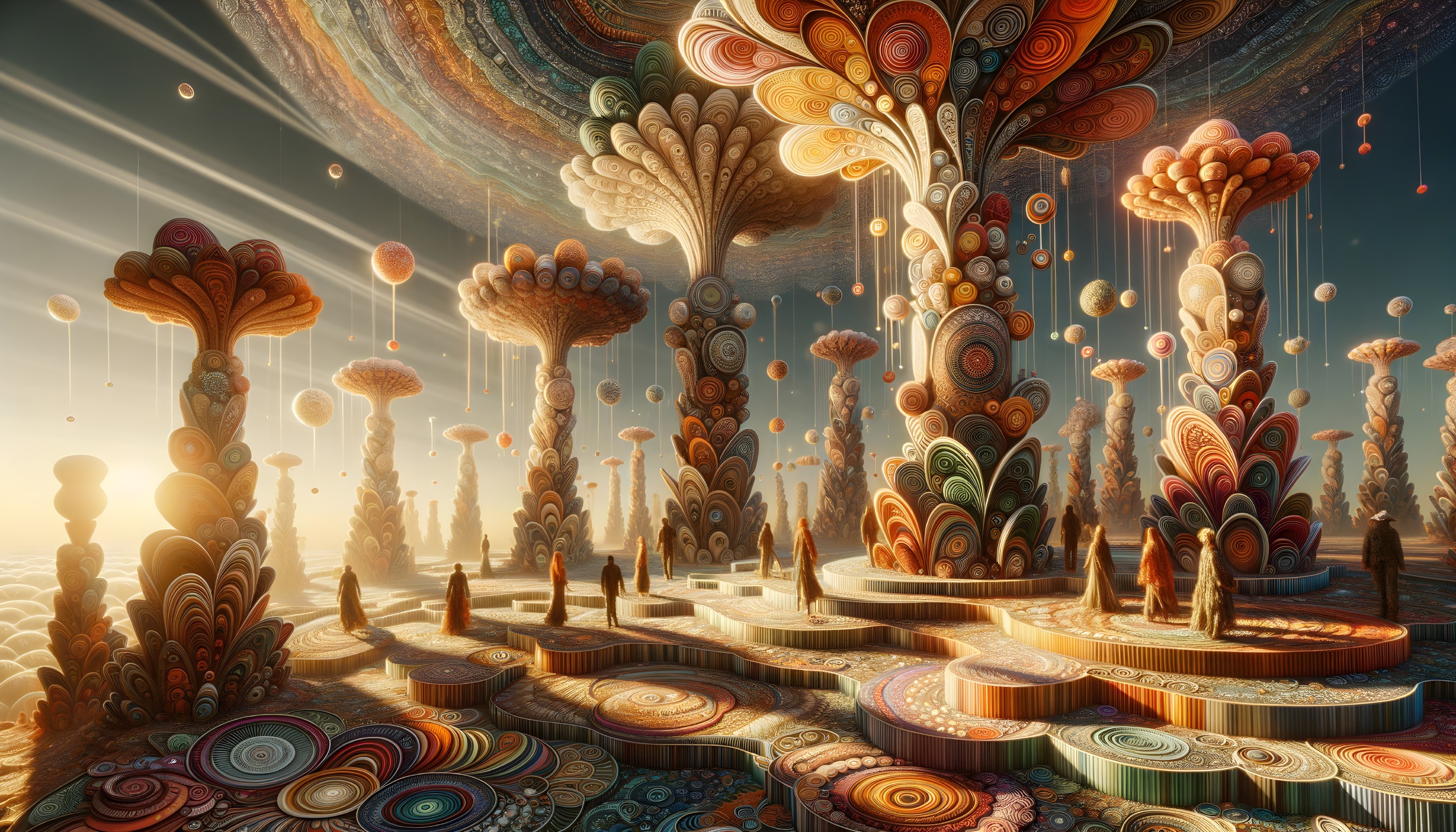 Surreal Landscape with Spiraled Colorful Structures