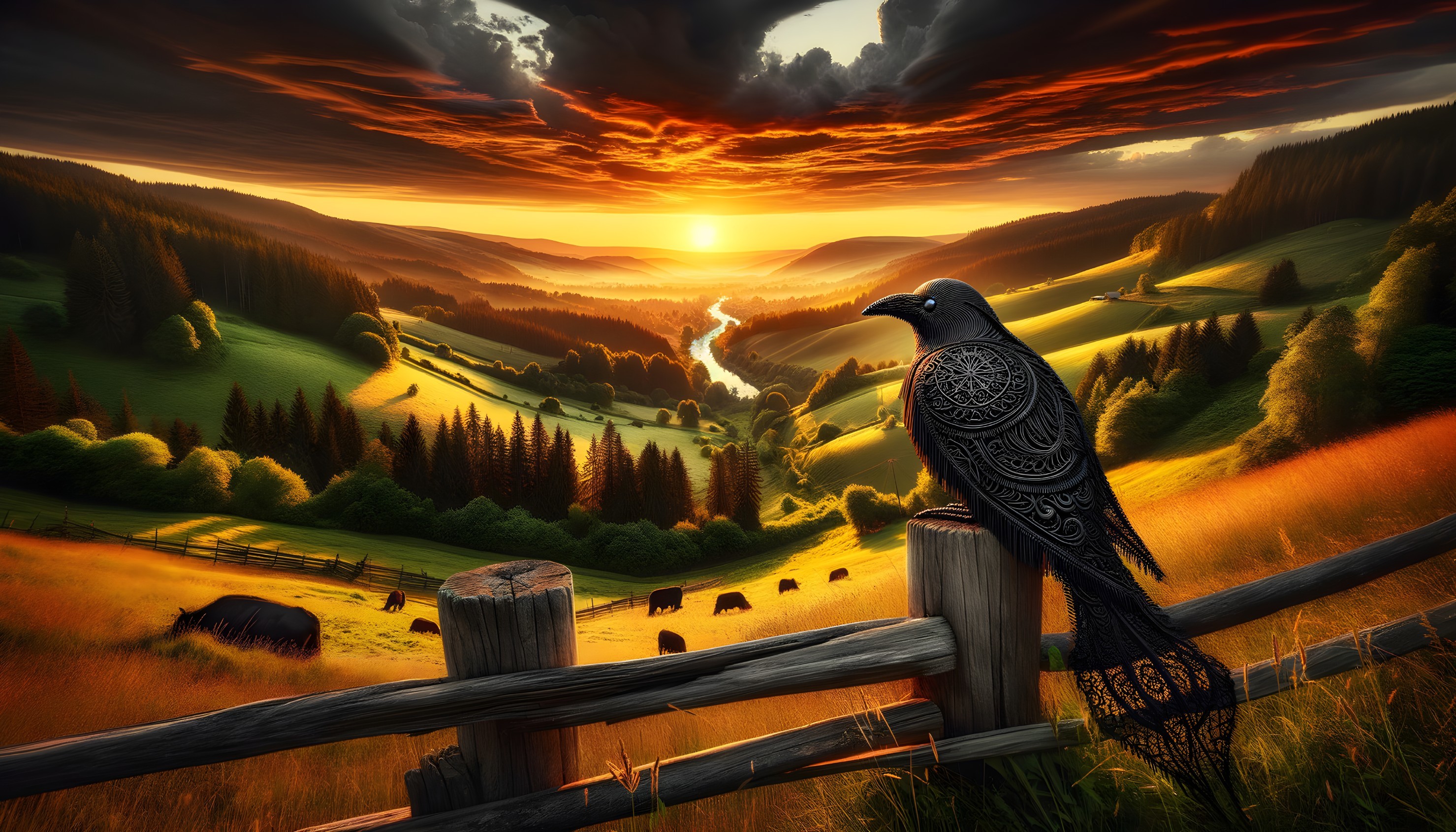 Sunset Landscape with River and Raven on Fence