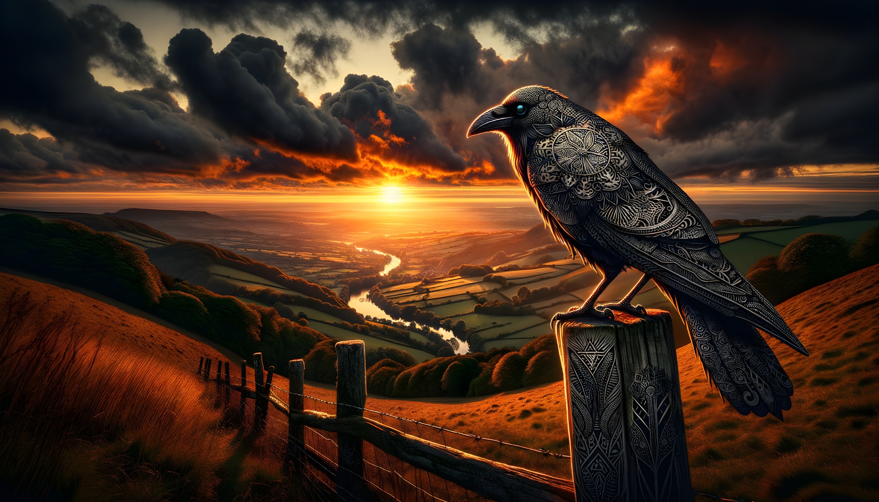 Intricate Raven on Post in Dramatic Sunset Landscape