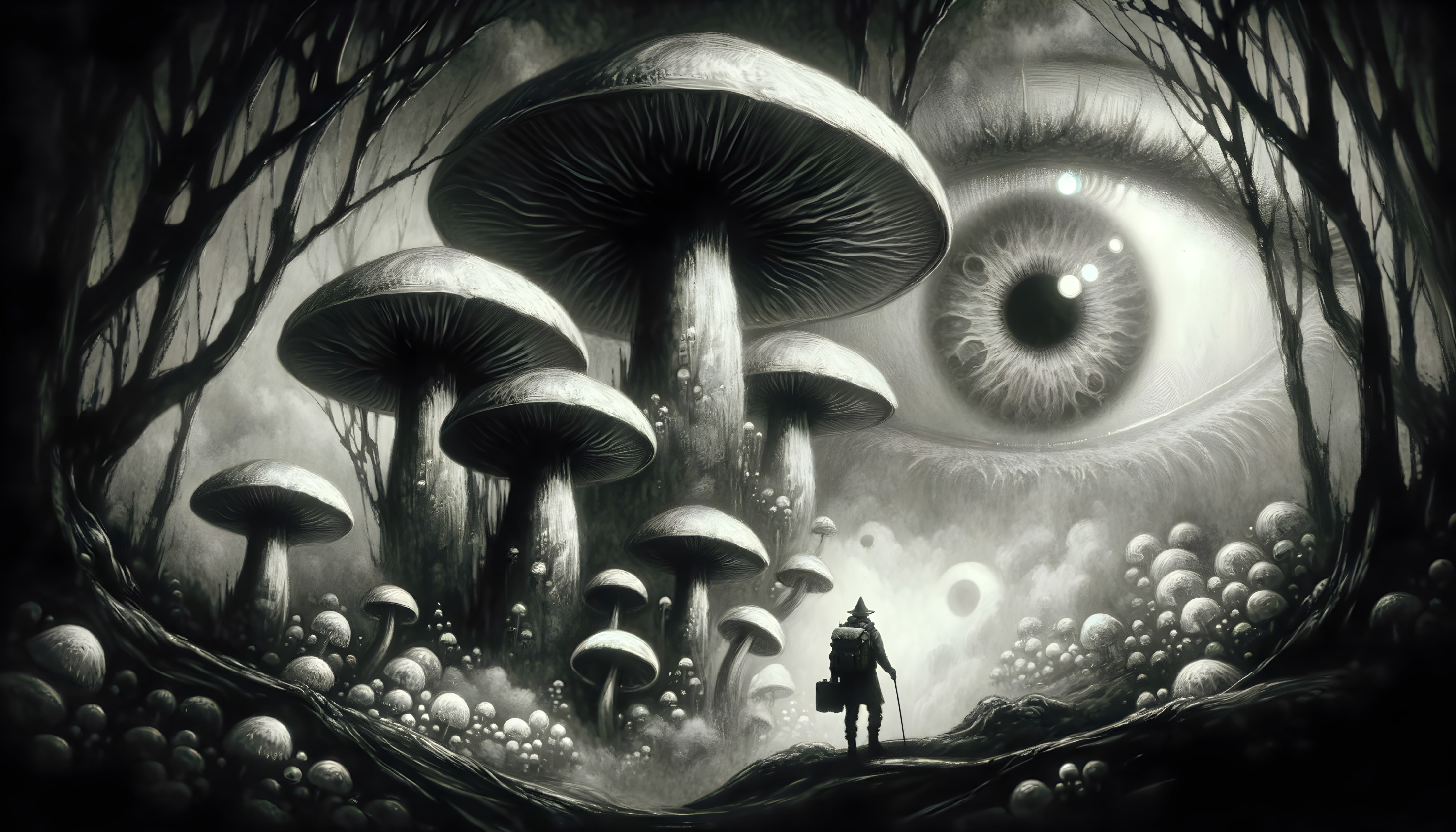 Monochrome Fantasy Landscape with Giant Eye and Mushrooms