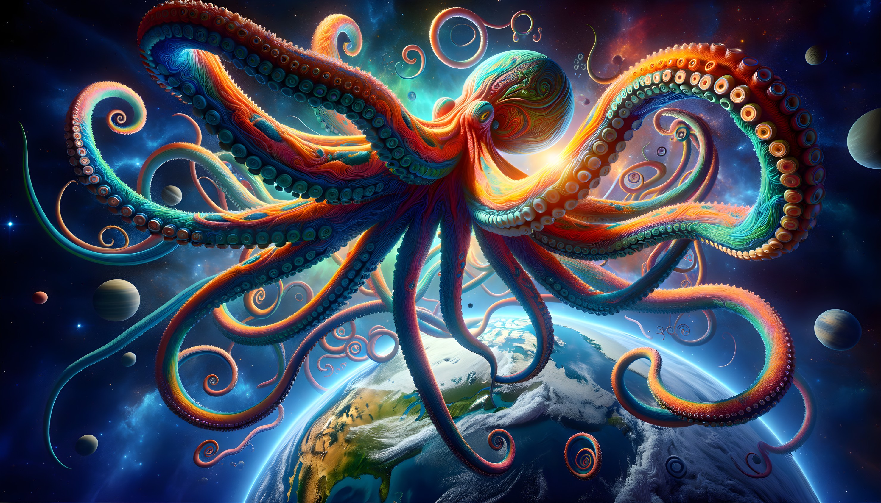 Colorful cosmic octopus with swirling patterns in space