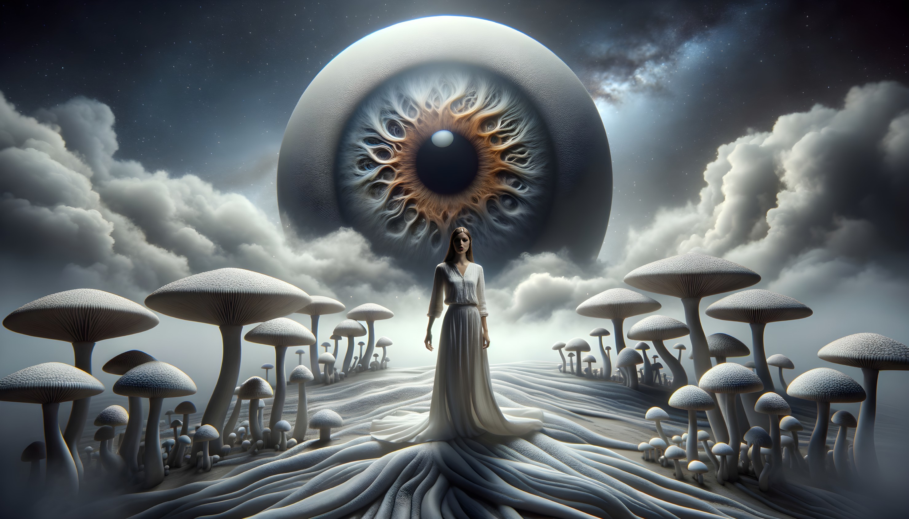 Surreal Landscape with Woman and Oversized Mushrooms