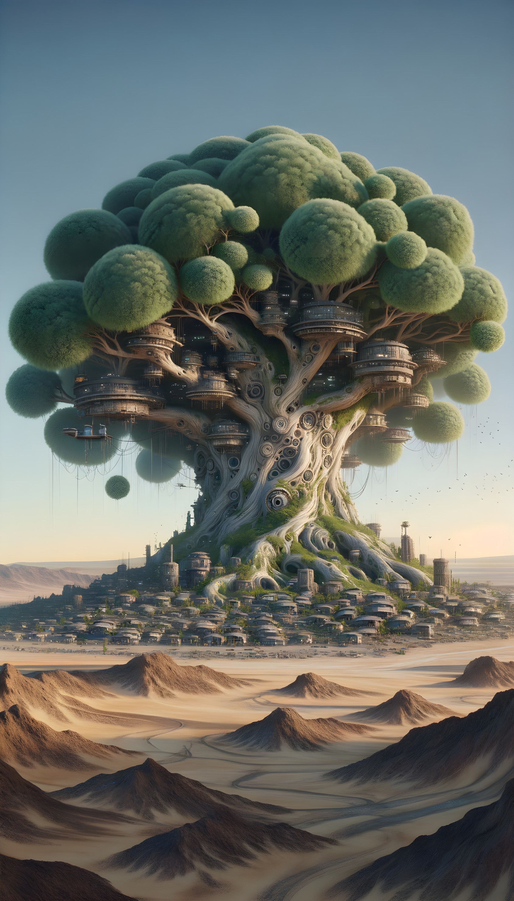 Fantastical Tree with Homes in Desert Landscape