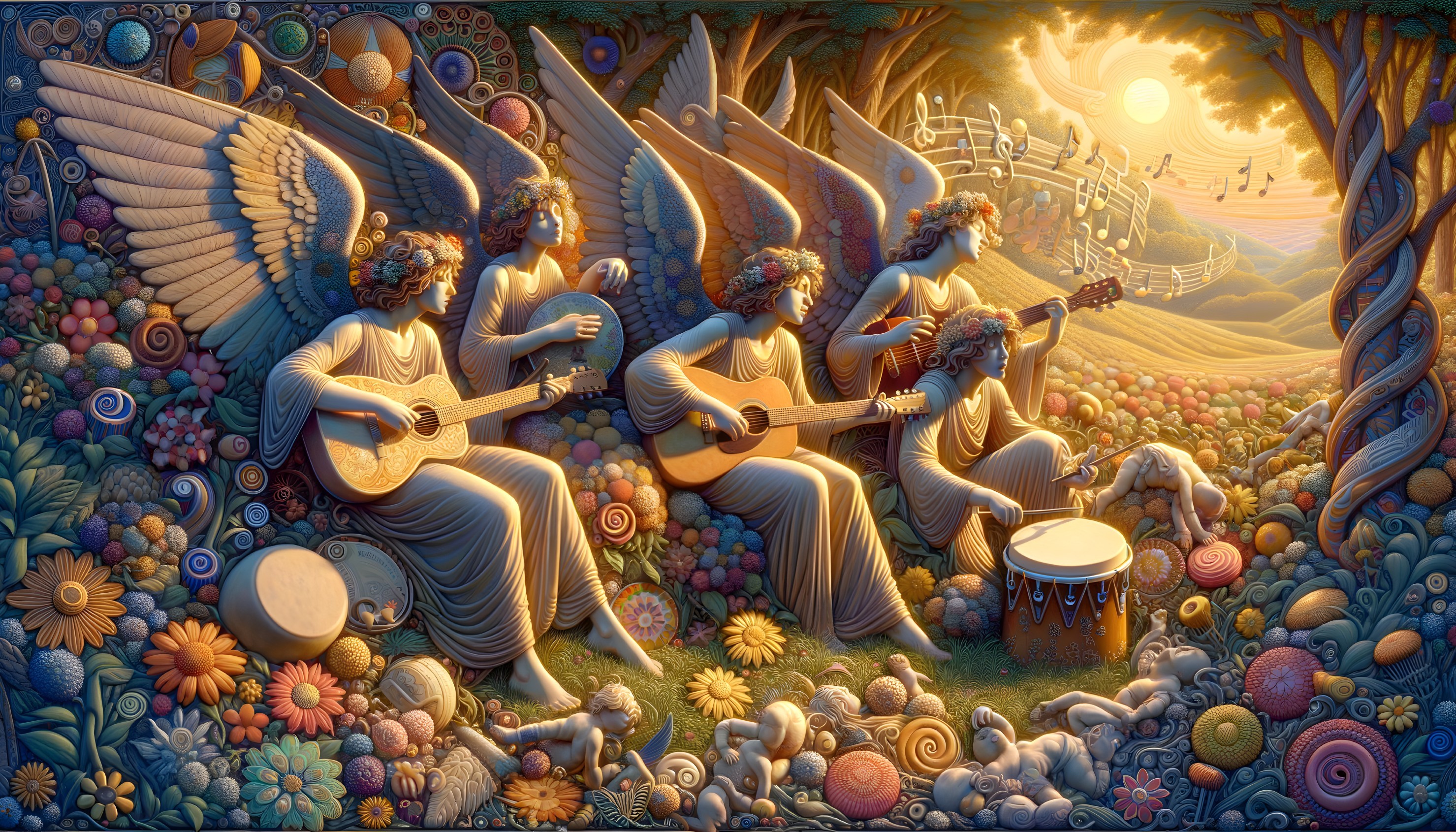 Ethereal Figures Playing Guitars in Colorful Landscape