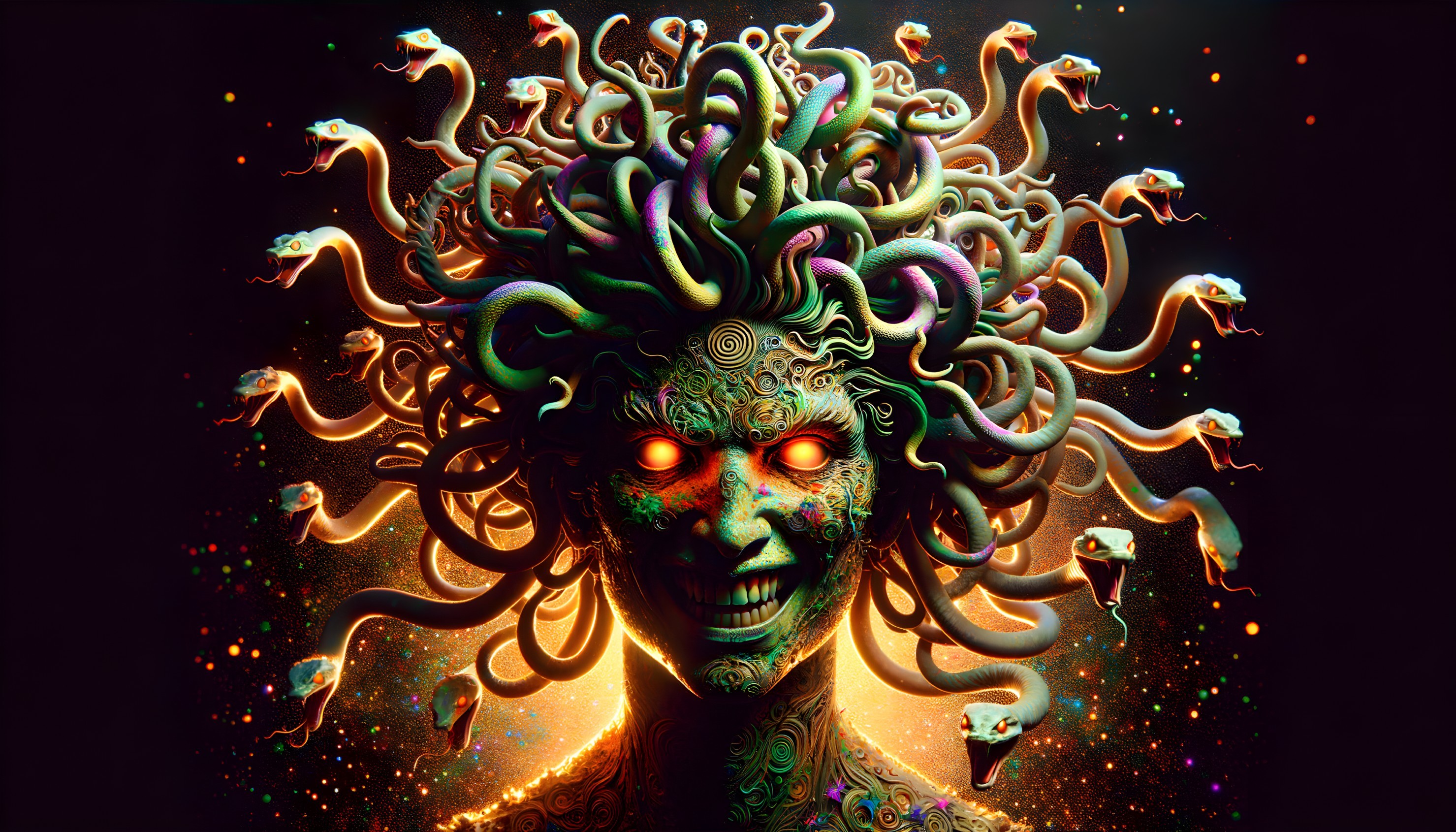 Fantastical figure with serpents and cosmic background