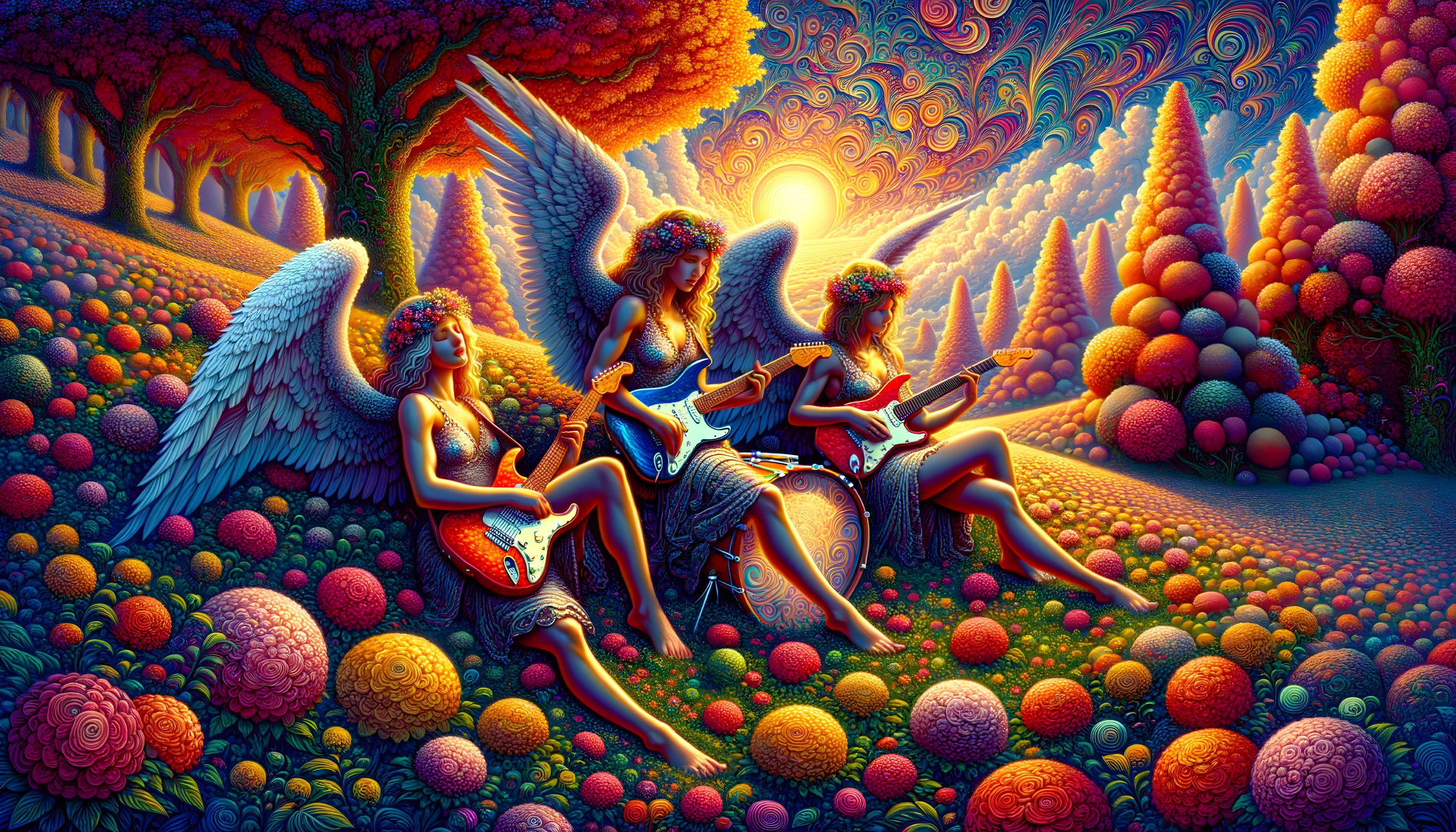 Angels Playing Electric Guitars in Surreal Landscape