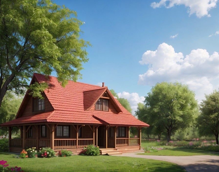 Wooden House with Red Roof in Greenery and Blue Sky