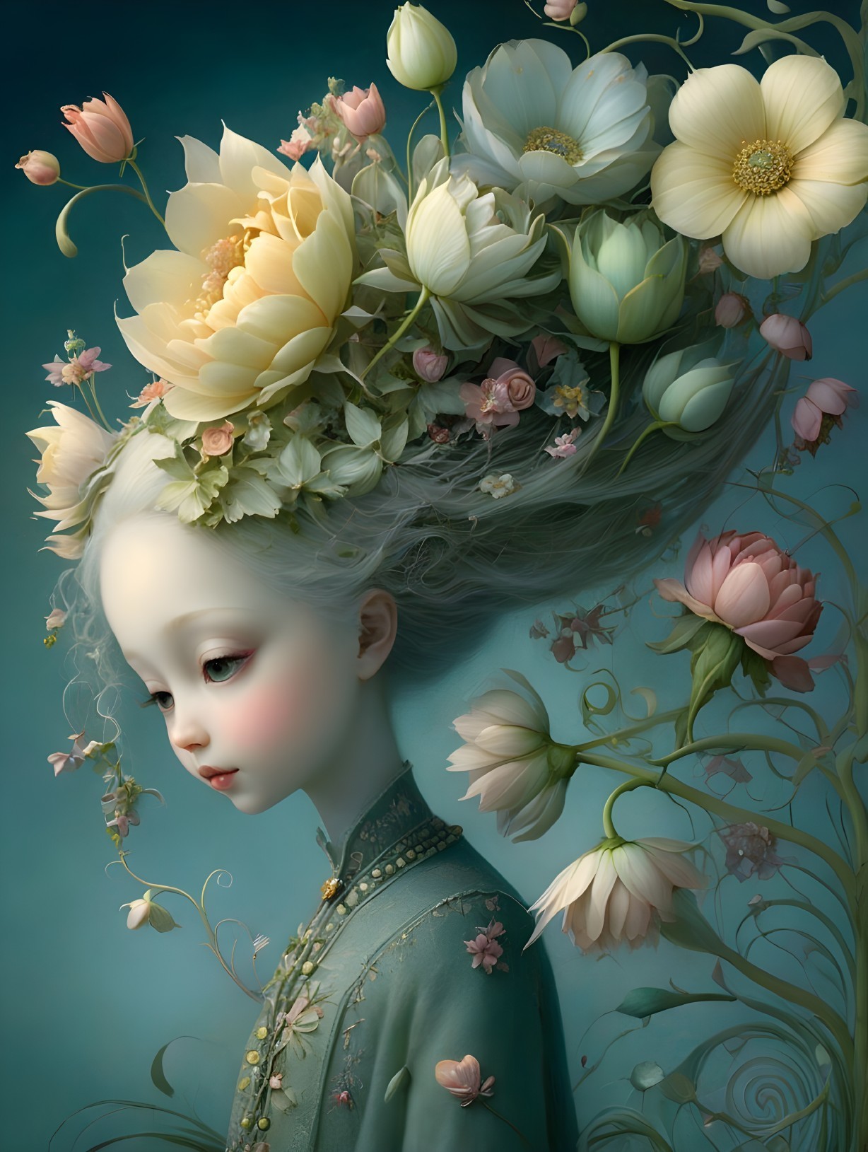 Pale girl with floral headdress on teal background.