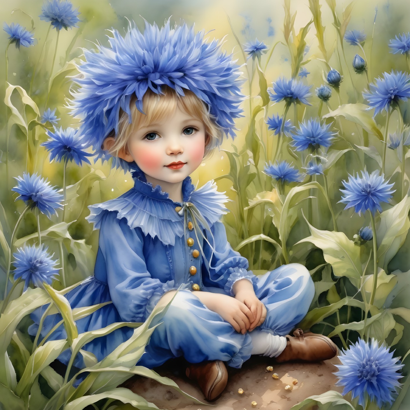 Portrait of child in blue attire with flower hat among blue flowers