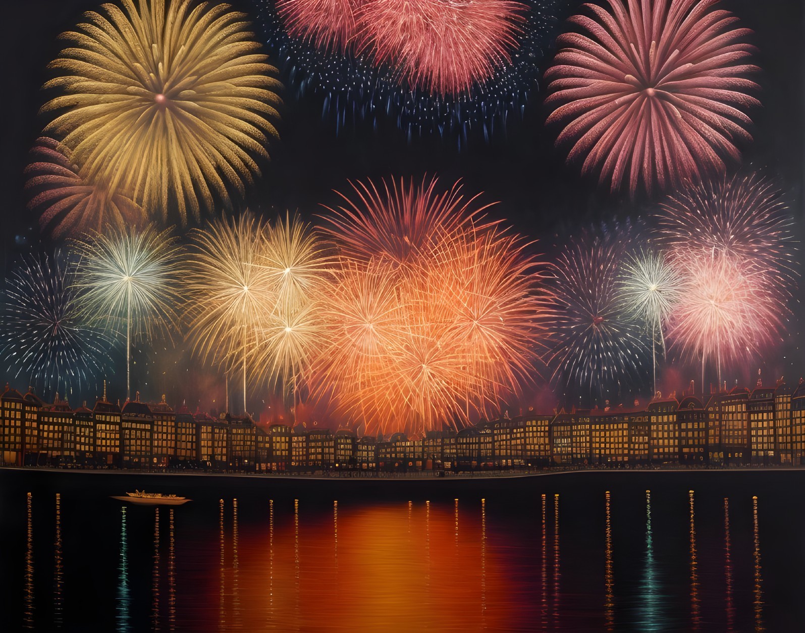 Colorful fireworks illuminate cityscape and water under night sky