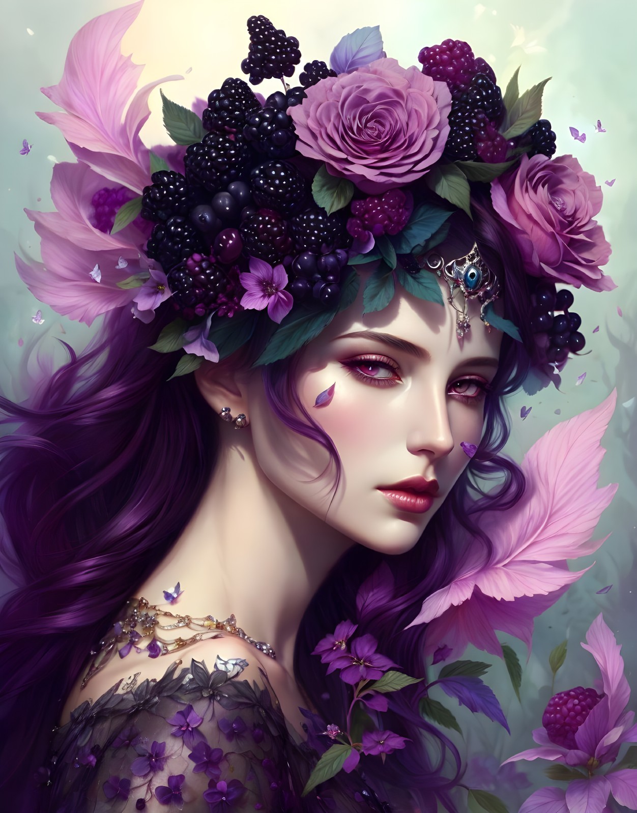 Purple-haired woman portrait with floral crown and fantasy elements