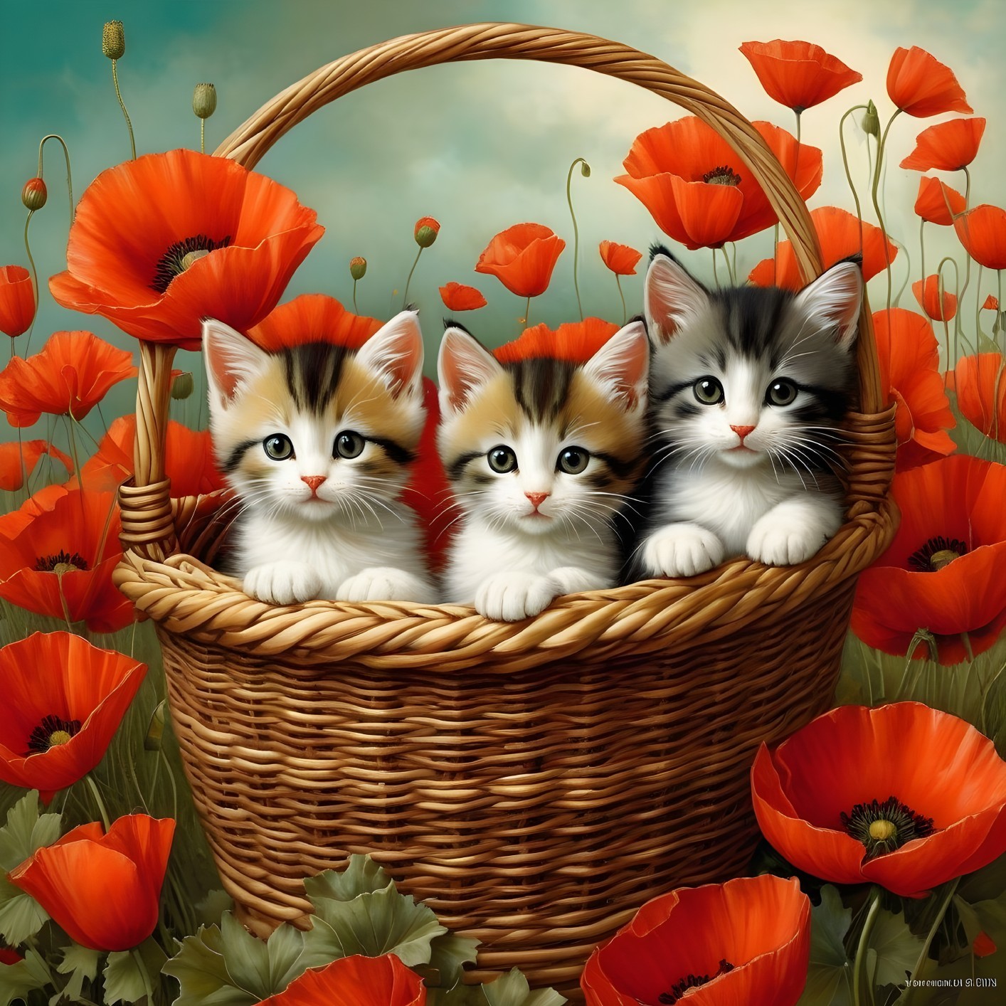 Three kittens in wicker basket with red poppies under blue sky