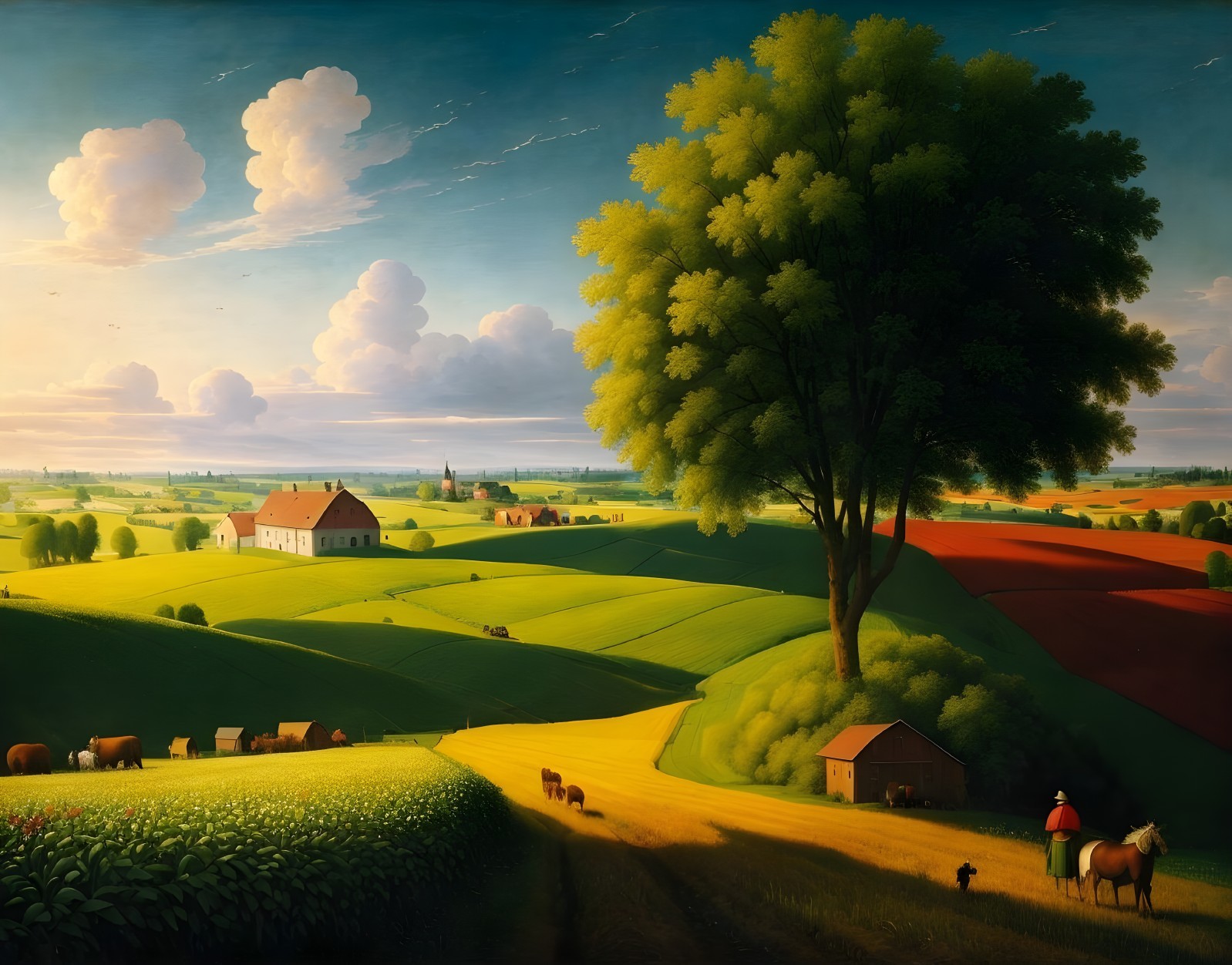 Idyllic Rural Landscape with Sunset and Rolling Hills