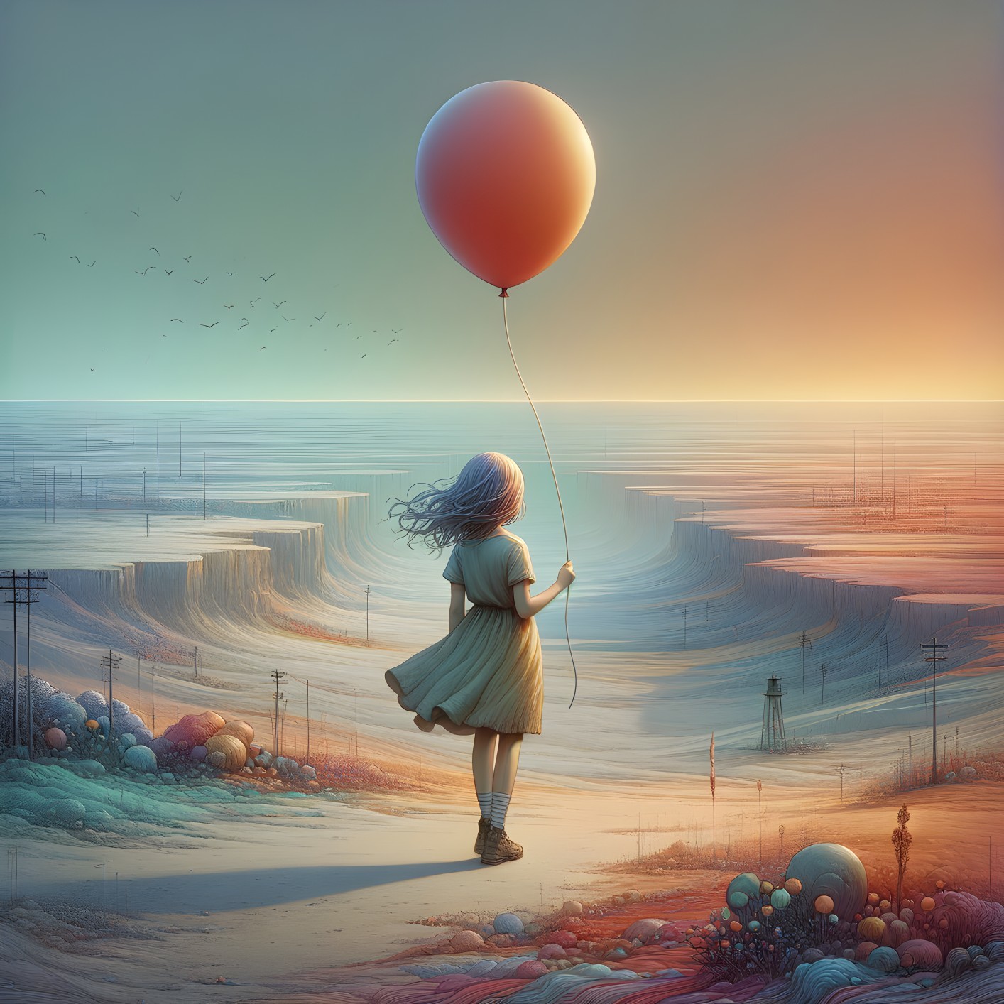 Whimsical Girl with Red Balloon in Surreal Landscape