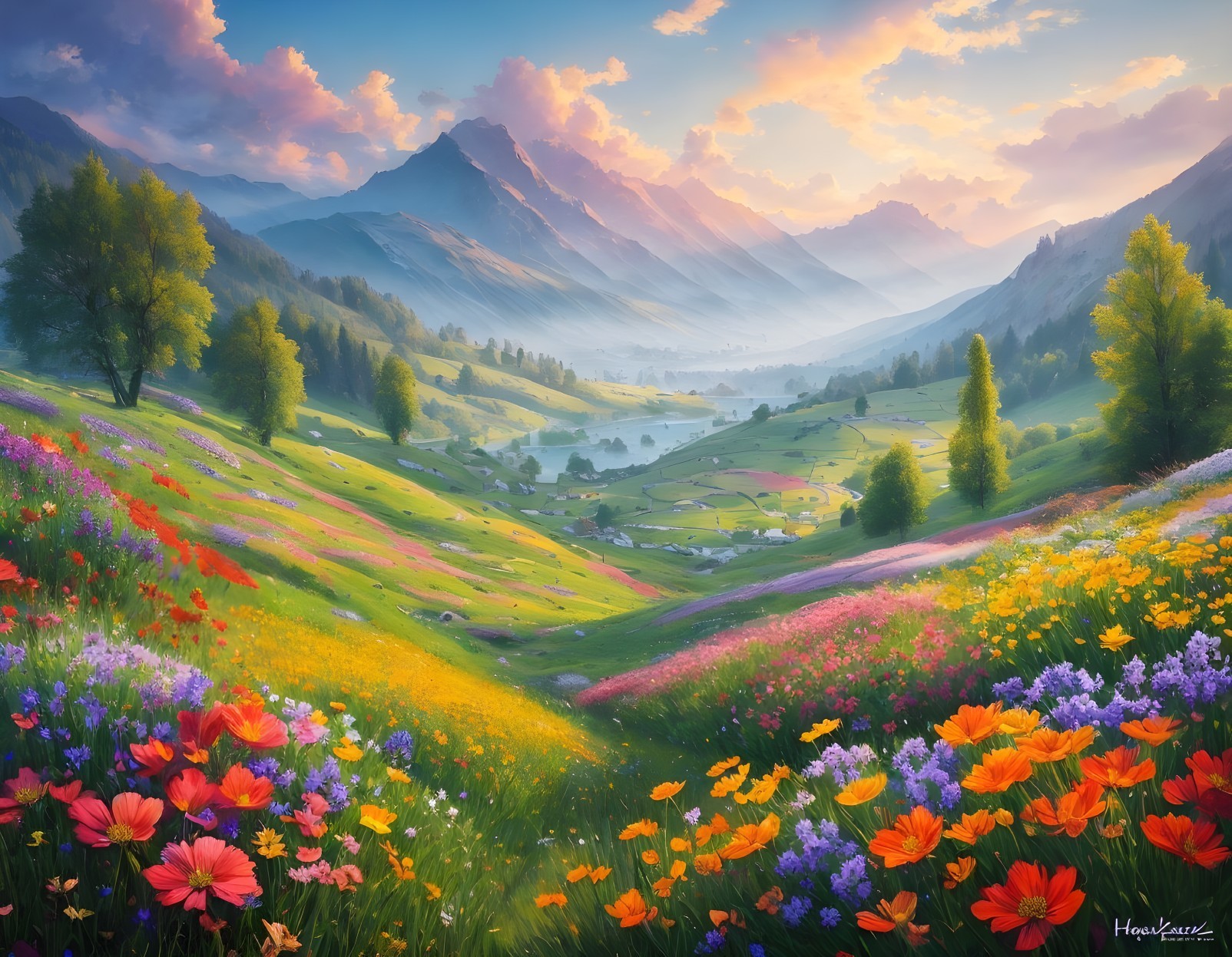 Vibrant Landscape with Wildflowers and Majestic Mountains