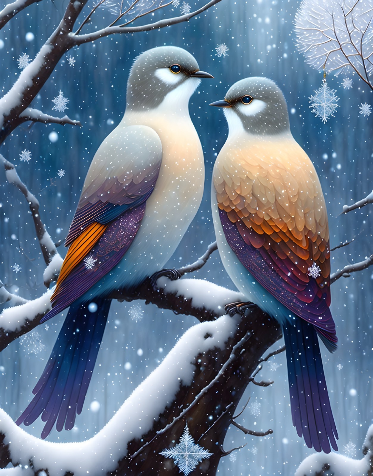 Colorful Birds with Gradient Plumage Perched in Snowy Winter Scene