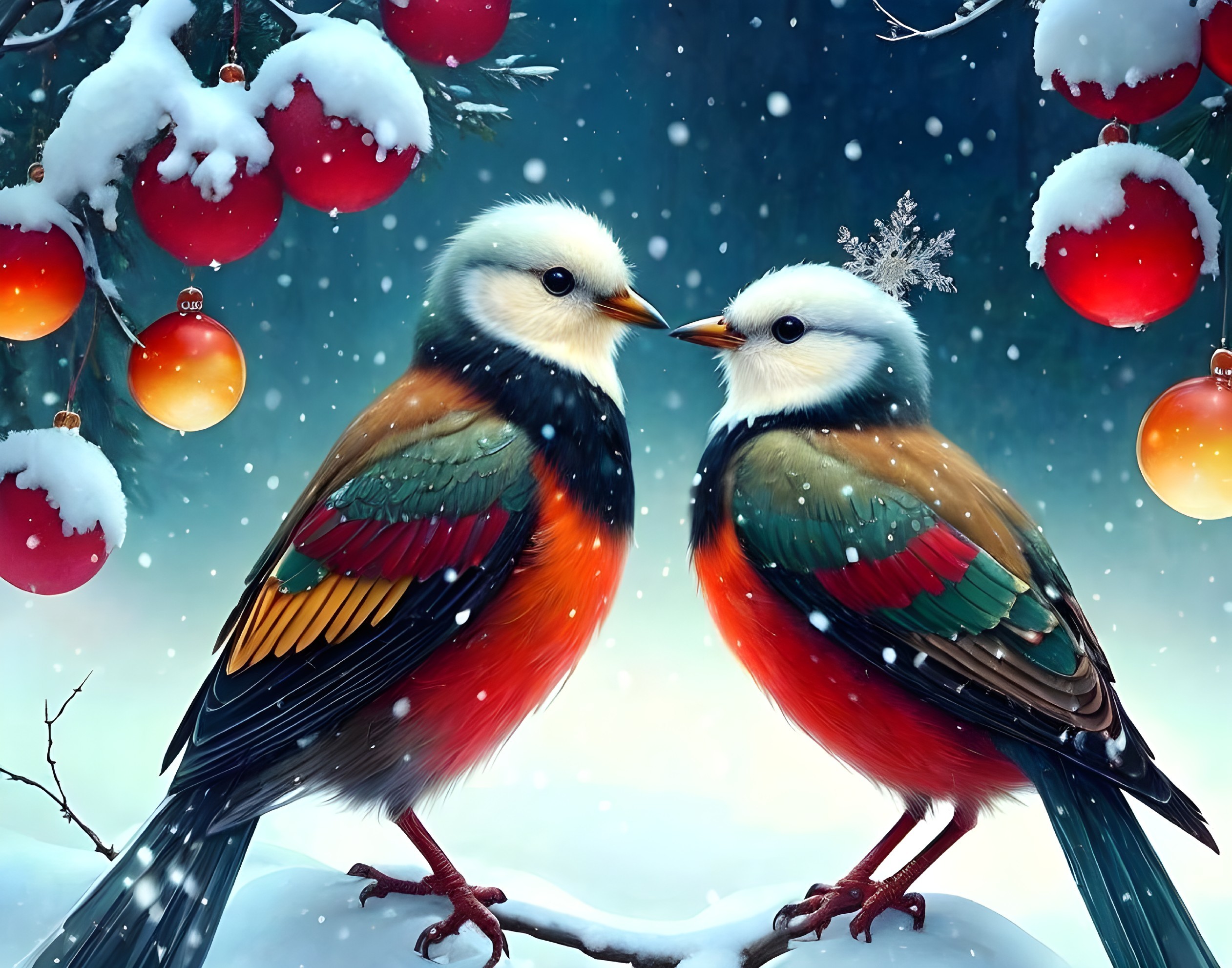 Colorful birds in snowy scene with red baubles and branches