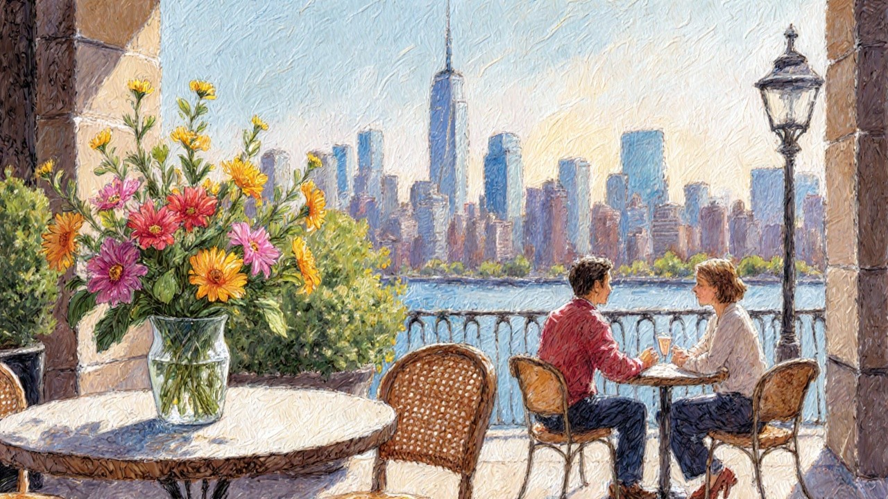 Couple at Outdoor Café with City Skyline View