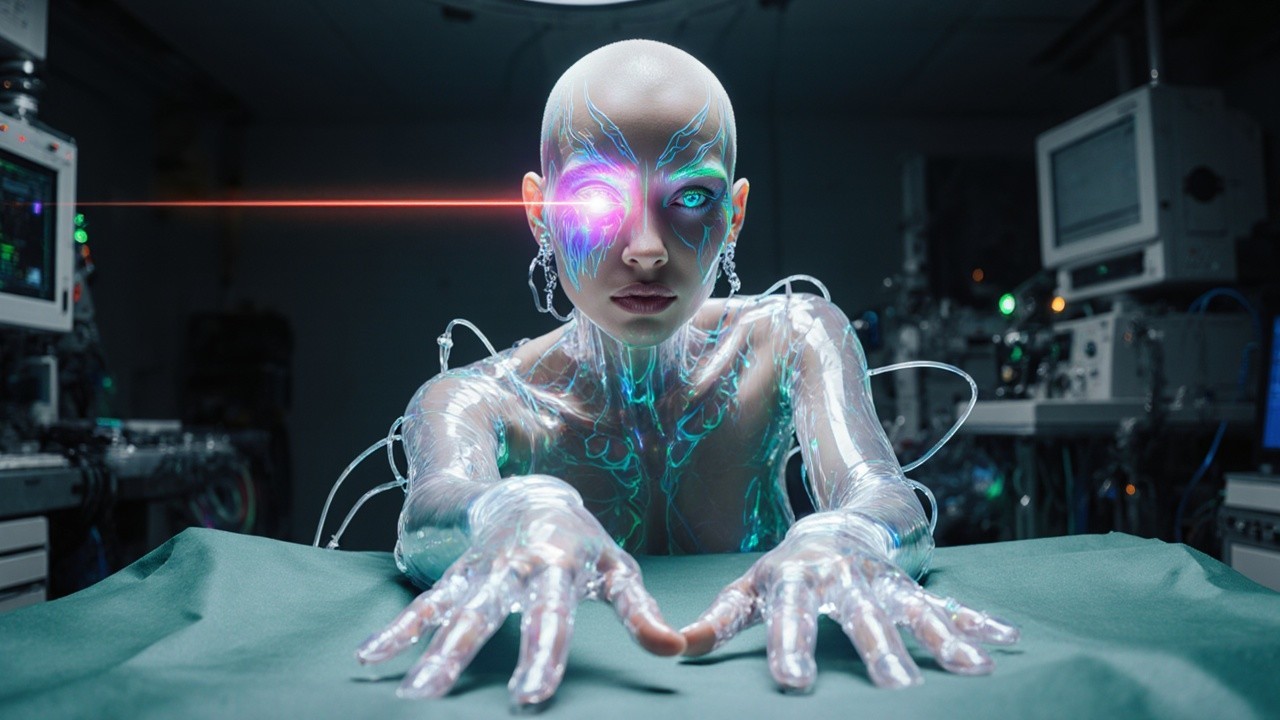 Futuristic humanoid robot with transparent skin and circuitry