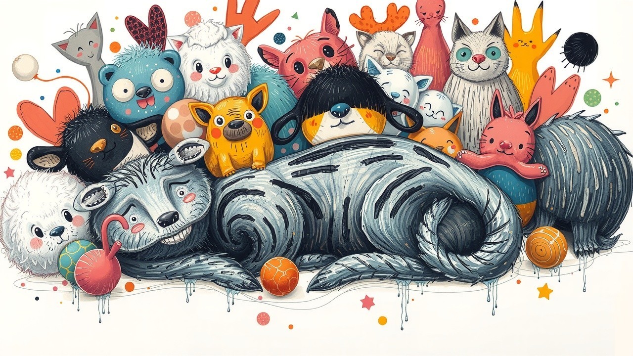 Whimsical Cartoon Animals in a Vibrant Gathering Scene