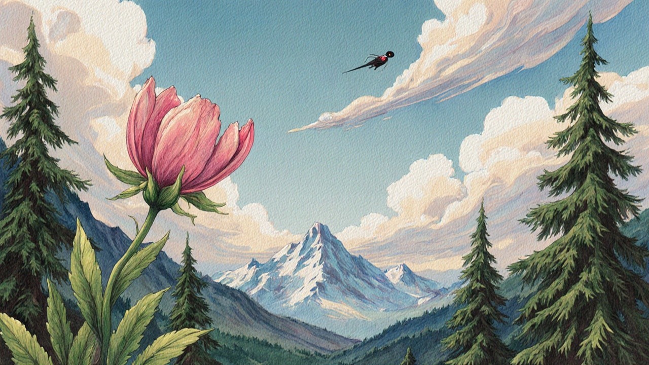 Landscape Painting with Pink Flower and Mountains